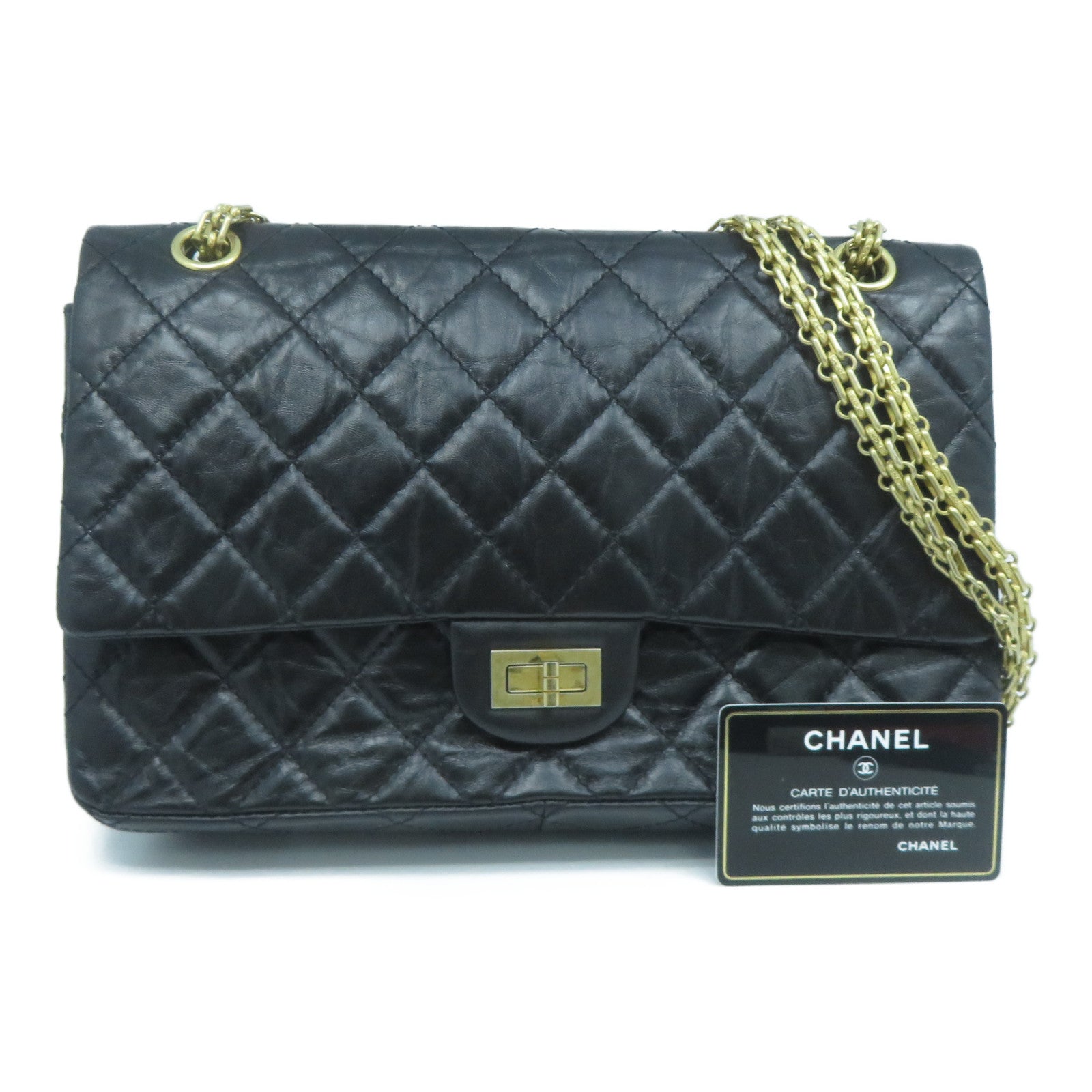 CHANEL 菱格牛皮皮革2.55金扣鏈帶肩背袋黑色