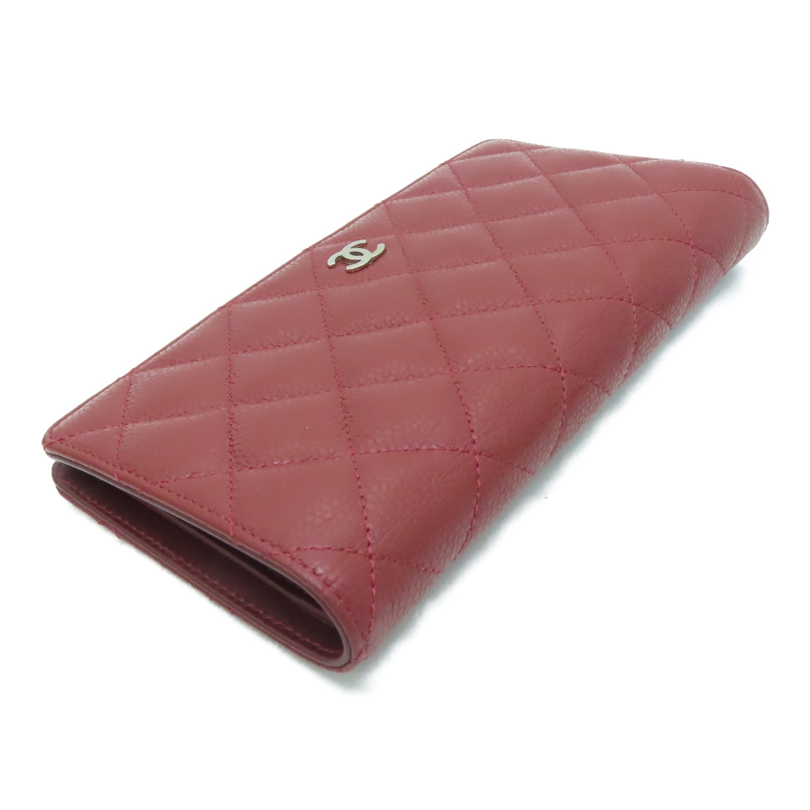 CHANEL 菱格Caviar皮革Long Wallet银扣长钱包枣红色