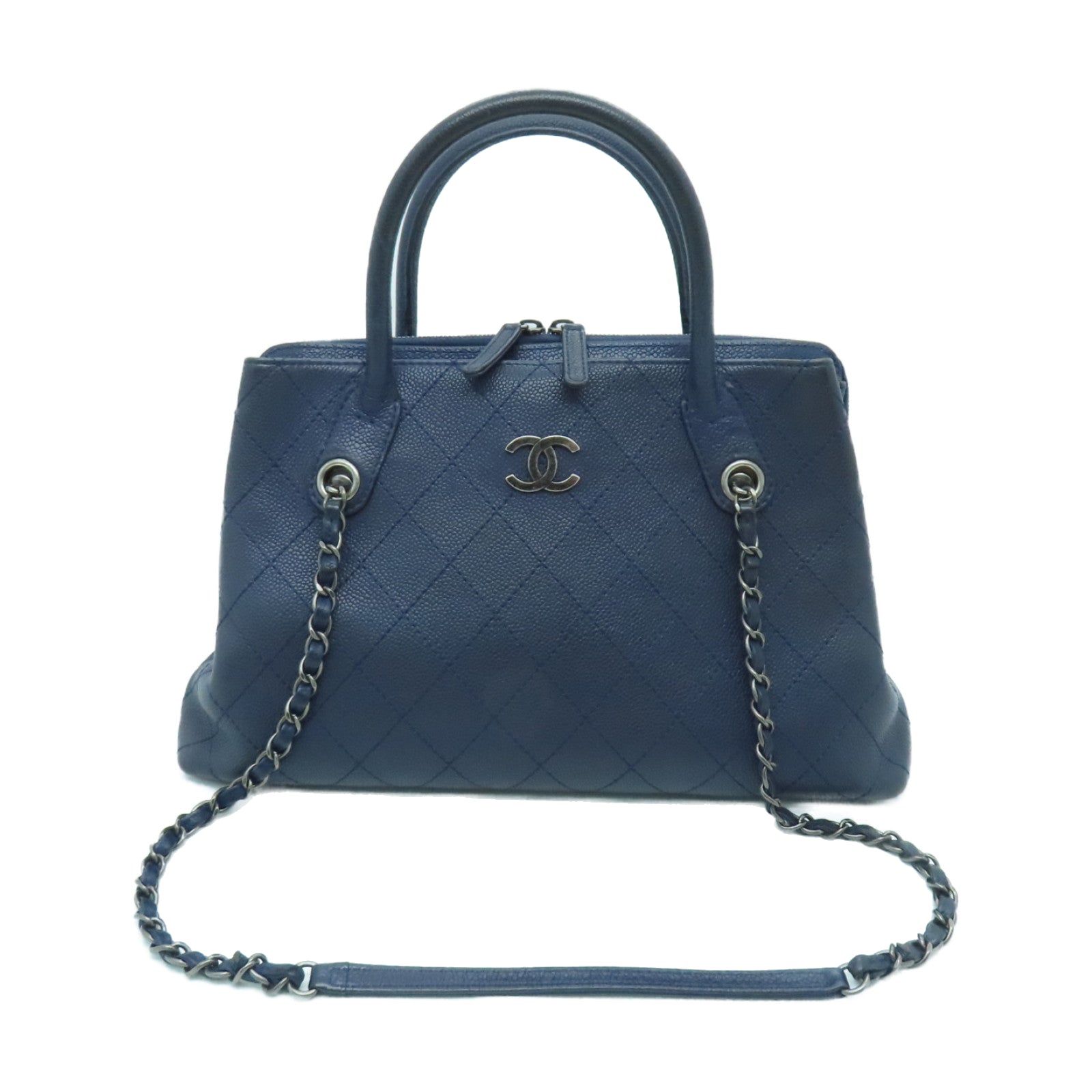 CHANEL 【激減優惠】菱格牛皮皮革2 Way Shoulder Bag銀扣手挽肩背兩用袋藍色
