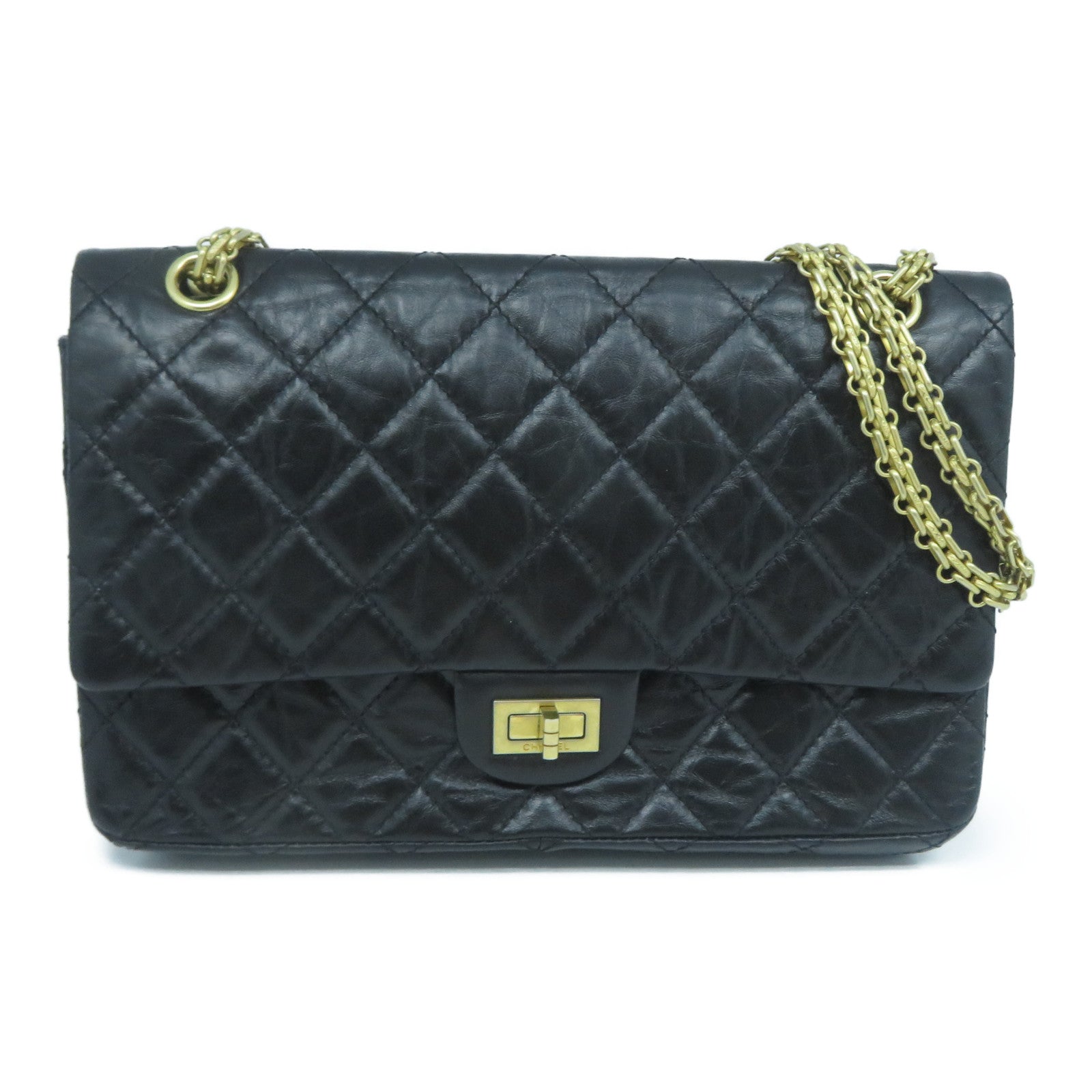 CHANEL 菱格牛皮皮革2.55金扣鏈帶肩背袋黑色