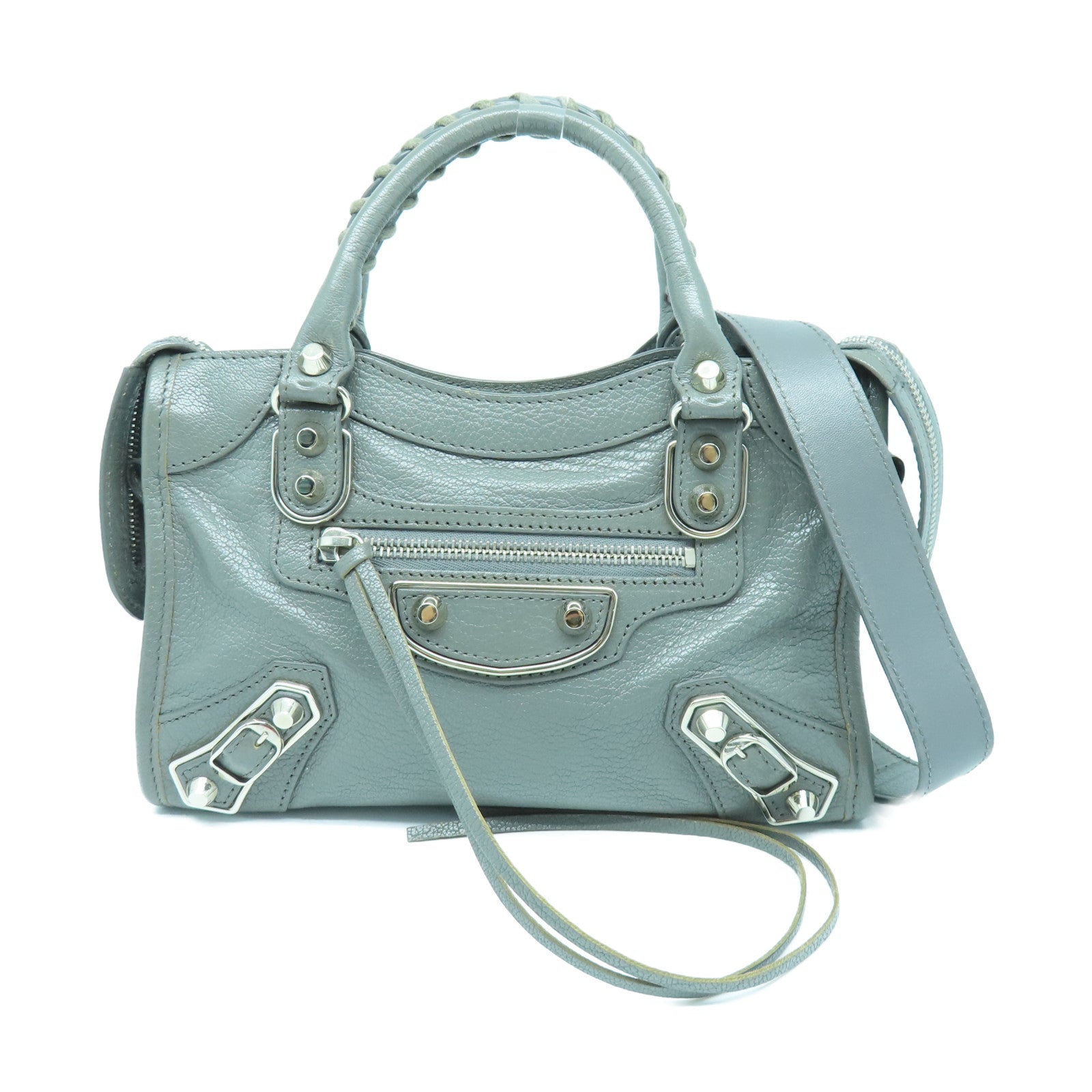BALENCIAGA Cowhide Leather Mini City Silver Buckle Handle Shoulder Backpack Gray