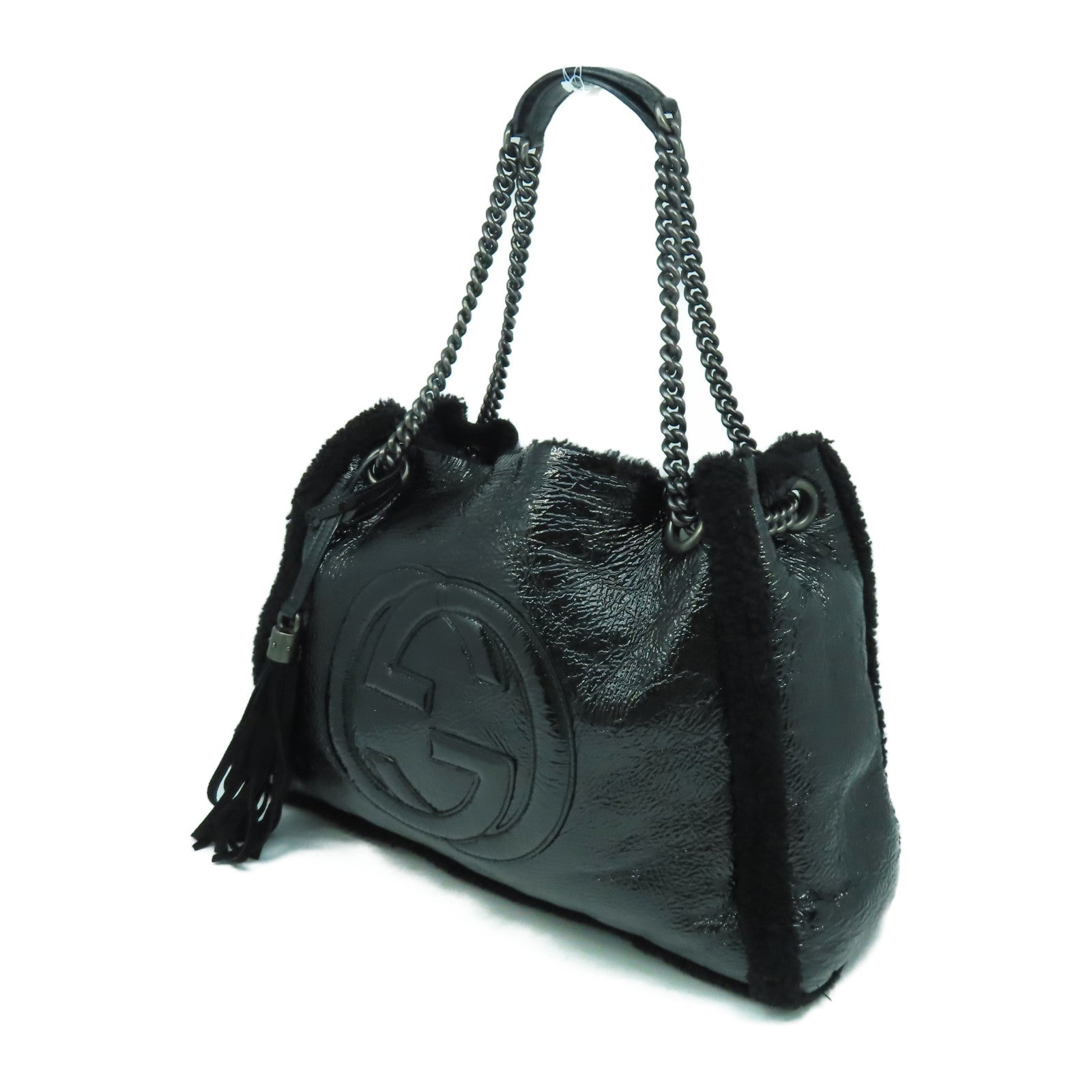 GUCCI 漆皮皮革/羊毛Chain Shoulder銀扣鏈帶肩背袋黑色