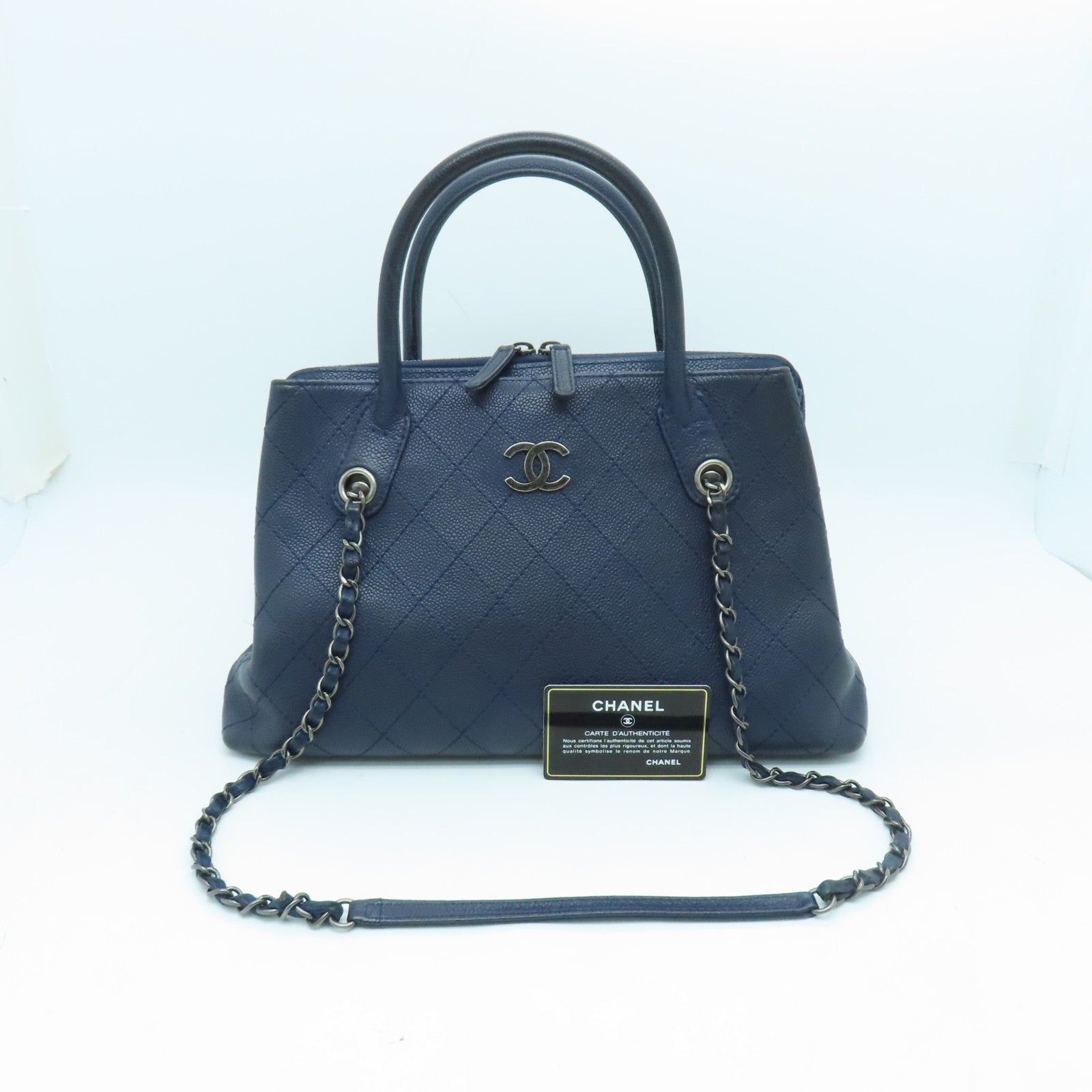 CHANEL 【激減優惠】菱格牛皮皮革2 Way Shoulder Bag銀扣手挽肩背兩用袋藍色