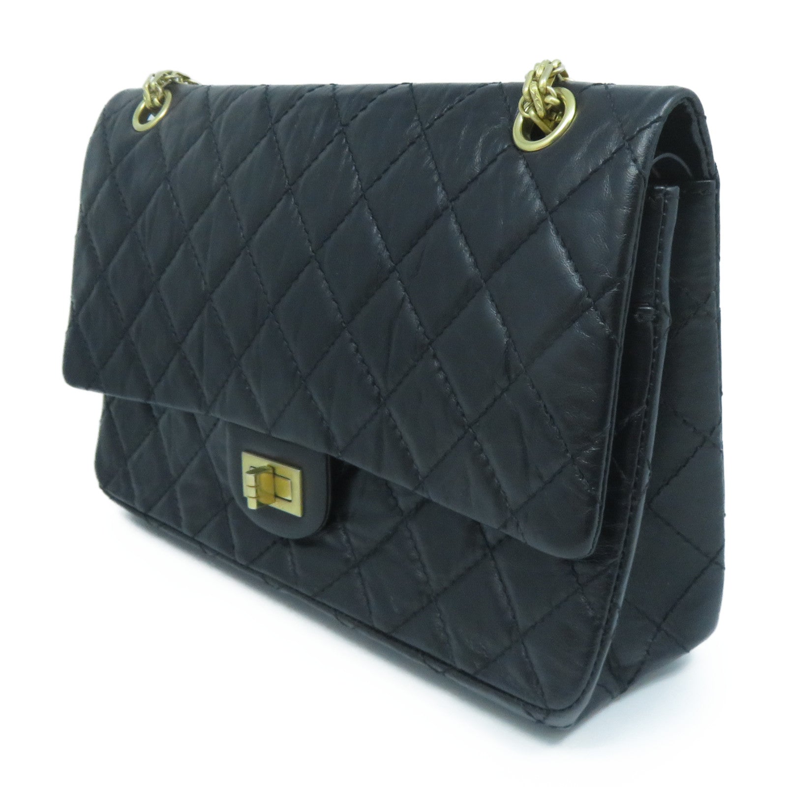CHANEL 菱格牛皮皮革2.55金扣鏈帶肩背袋黑色
