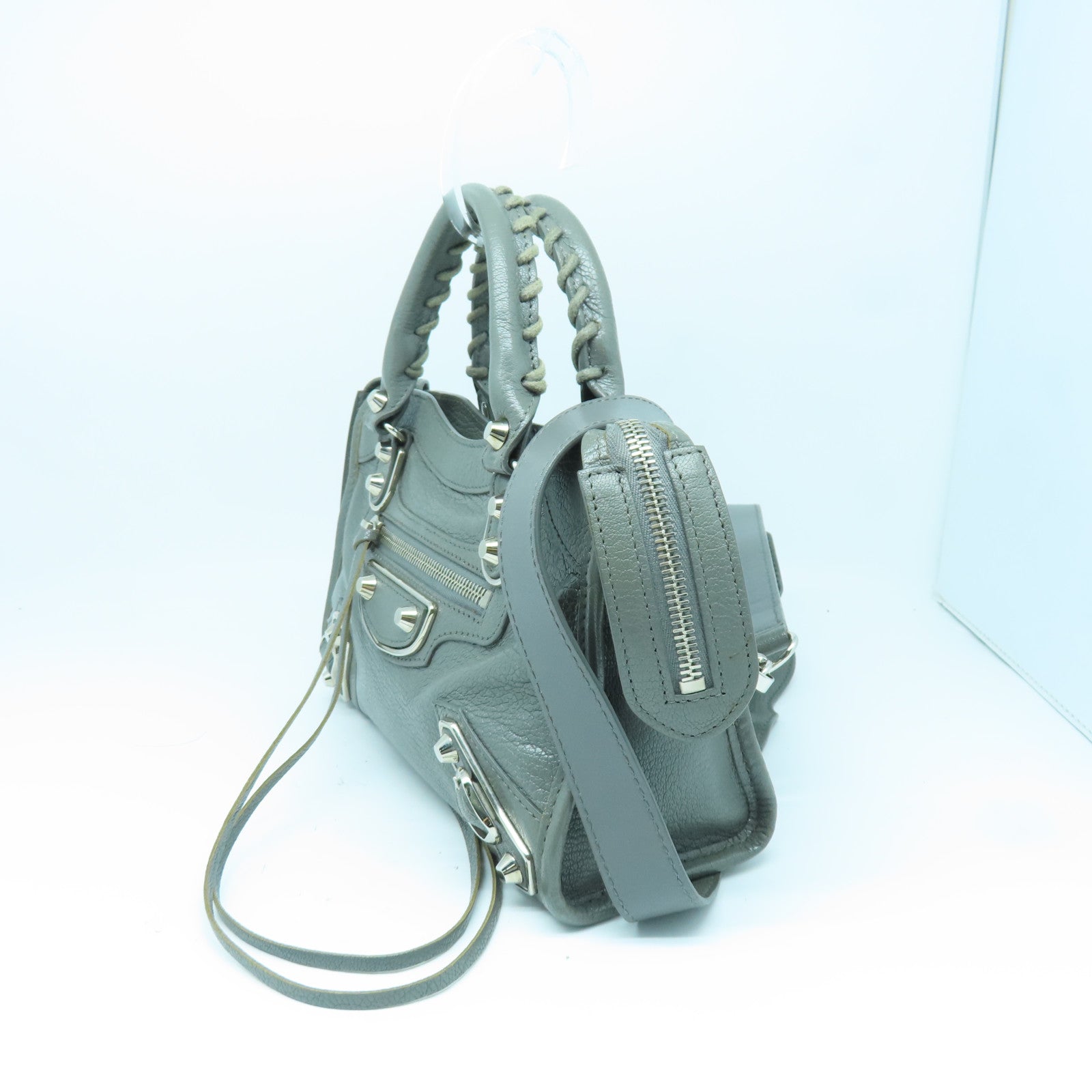 BALENCIAGA Cowhide Leather Mini City Silver Buckle Handle Shoulder Backpack Gray