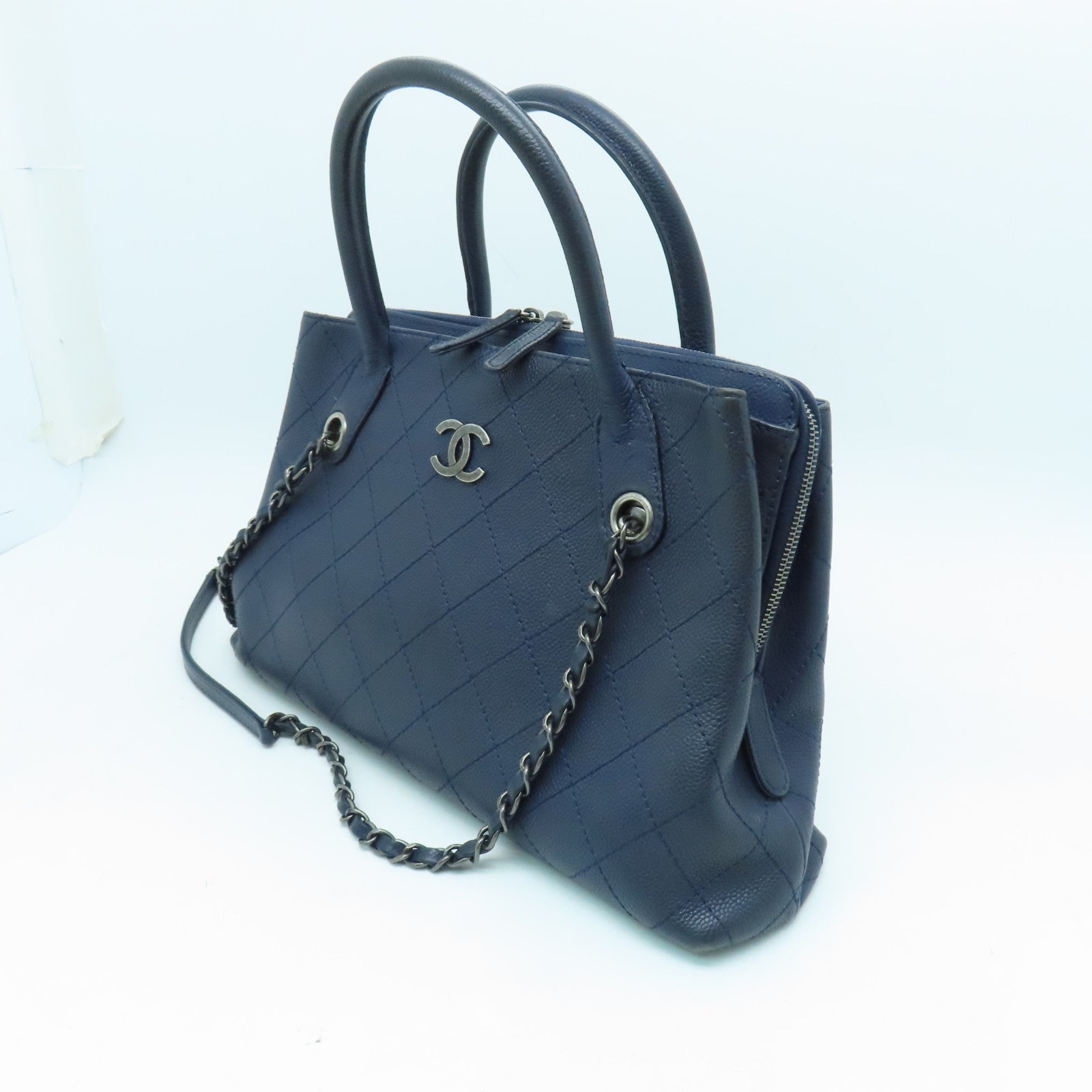 CHANEL 【激減優惠】菱格牛皮皮革2 Way Shoulder Bag銀扣手挽肩背兩用袋藍色