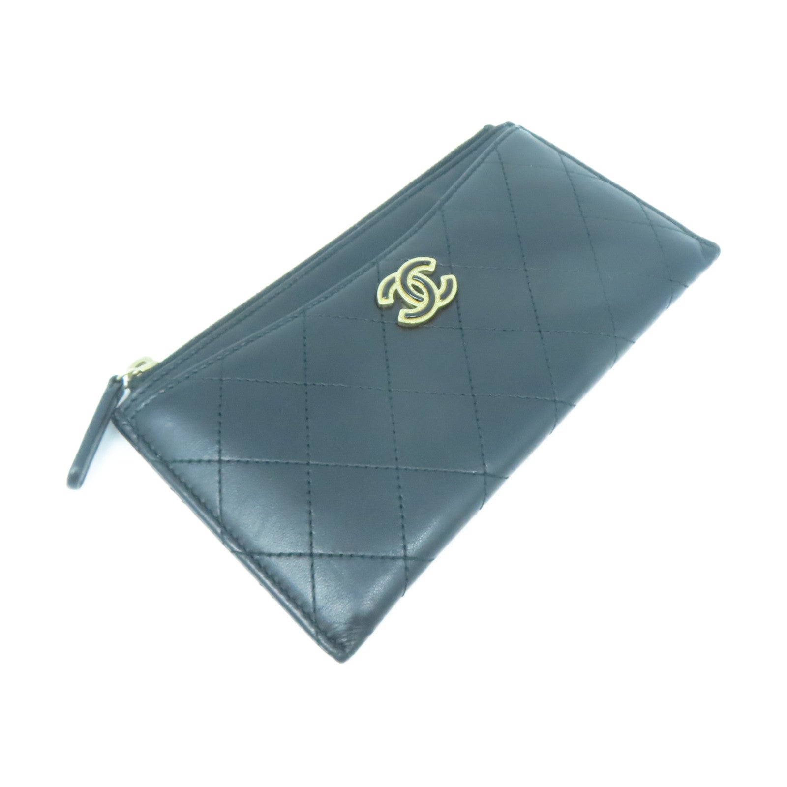 CHANEL 菱格牛皮皮革Wallet銀扣長錢包黑色