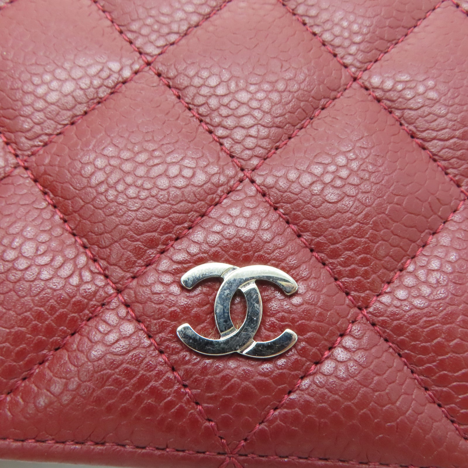 CHANEL 菱格Caviar皮革Long Wallet银扣长钱包枣红色