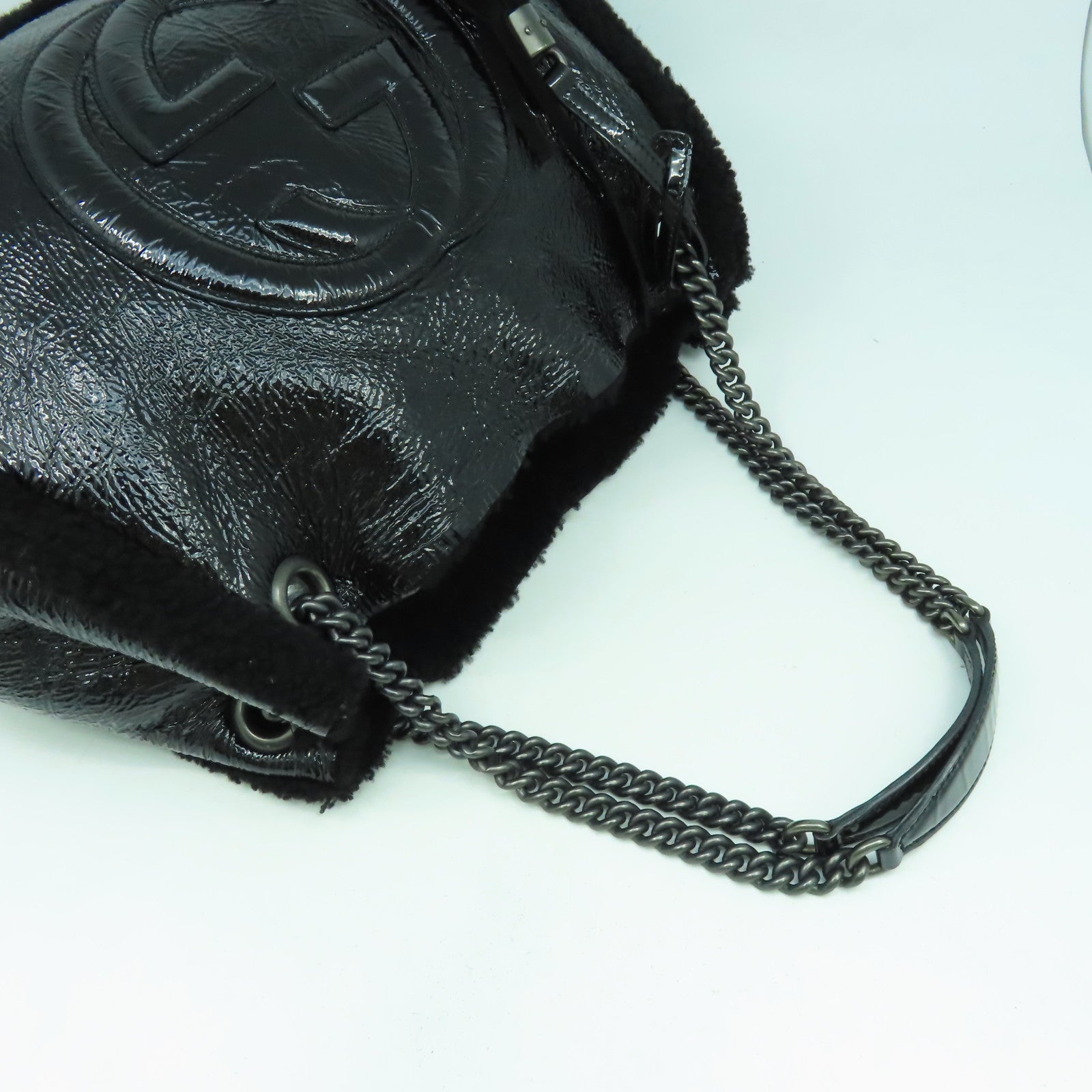 GUCCI 漆皮皮革/羊毛Chain Shoulder銀扣鏈帶肩背袋黑色