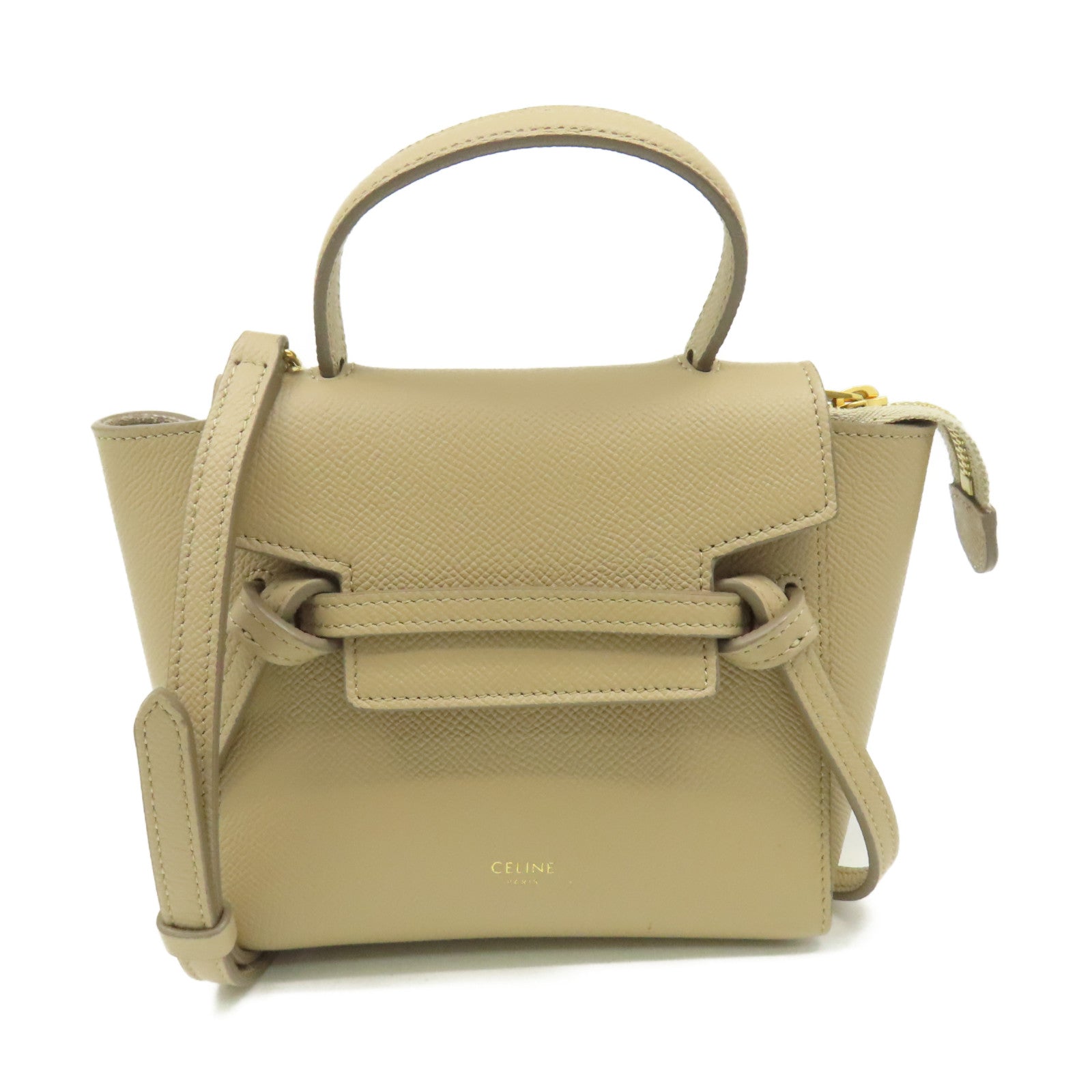 CELINE 牛皮皮革Mini Belt Bag 2Way Shoulder Bag金扣手挽肩背兩用袋杏色