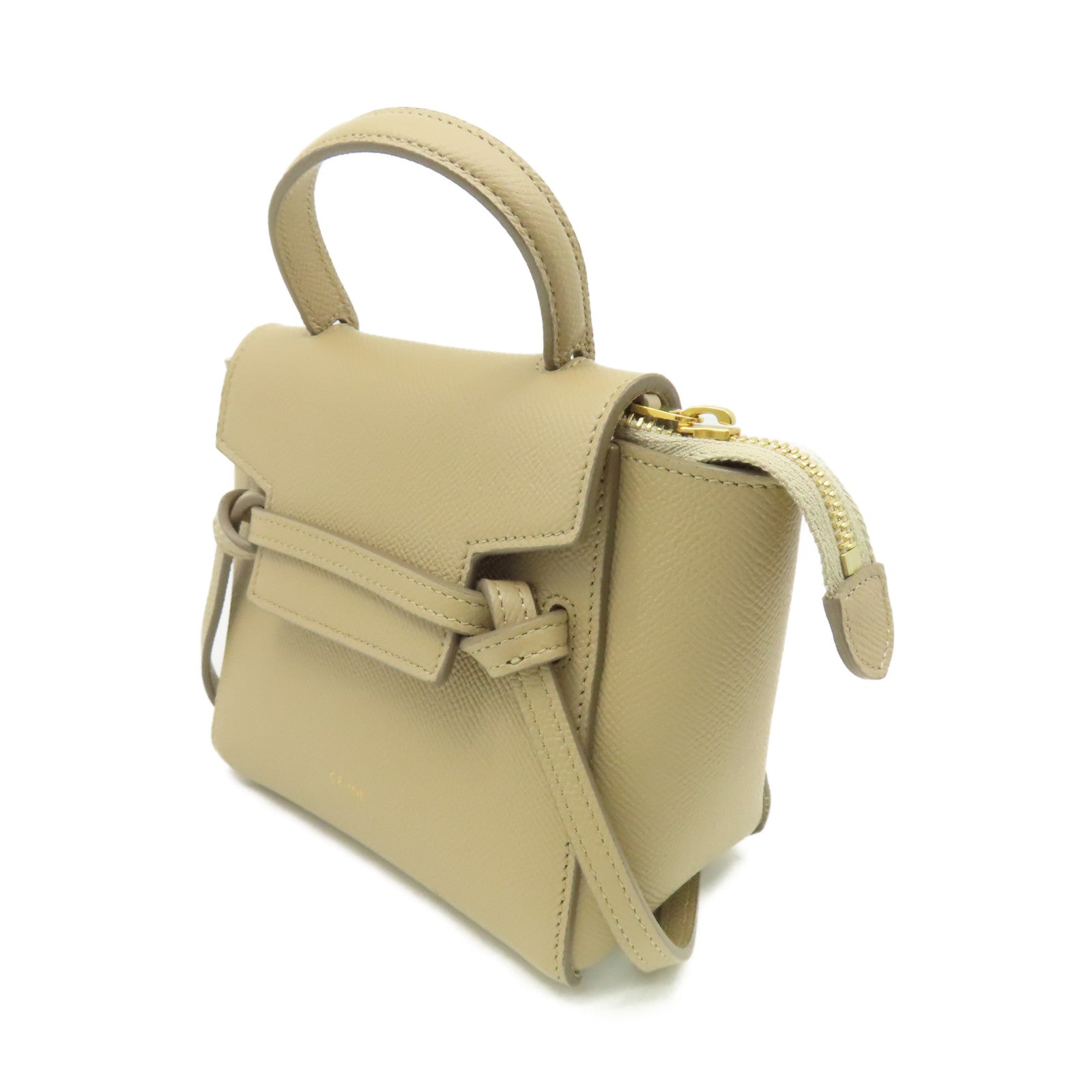 CELINE 牛皮皮革Mini Belt Bag 2Way Shoulder Bag金扣手挽肩背兩用袋杏色
