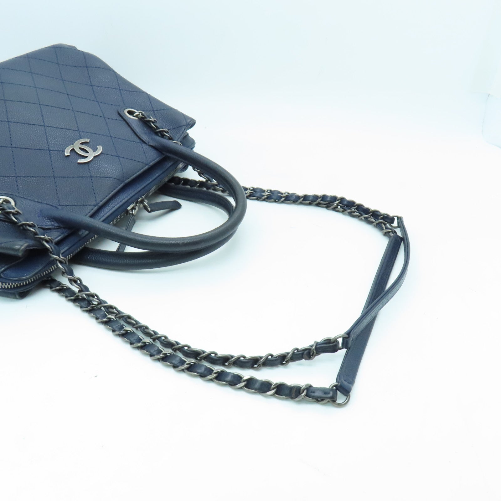 CHANEL 【激減優惠】菱格牛皮皮革2 Way Shoulder Bag銀扣手挽肩背兩用袋藍色