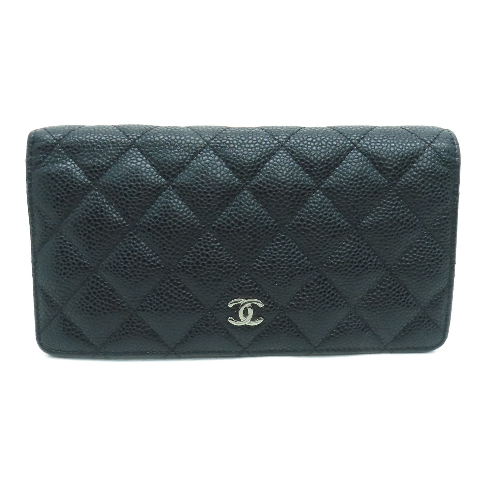 CHANEL 菱格Caviar皮革Long Wallet銀扣長錢包黑色