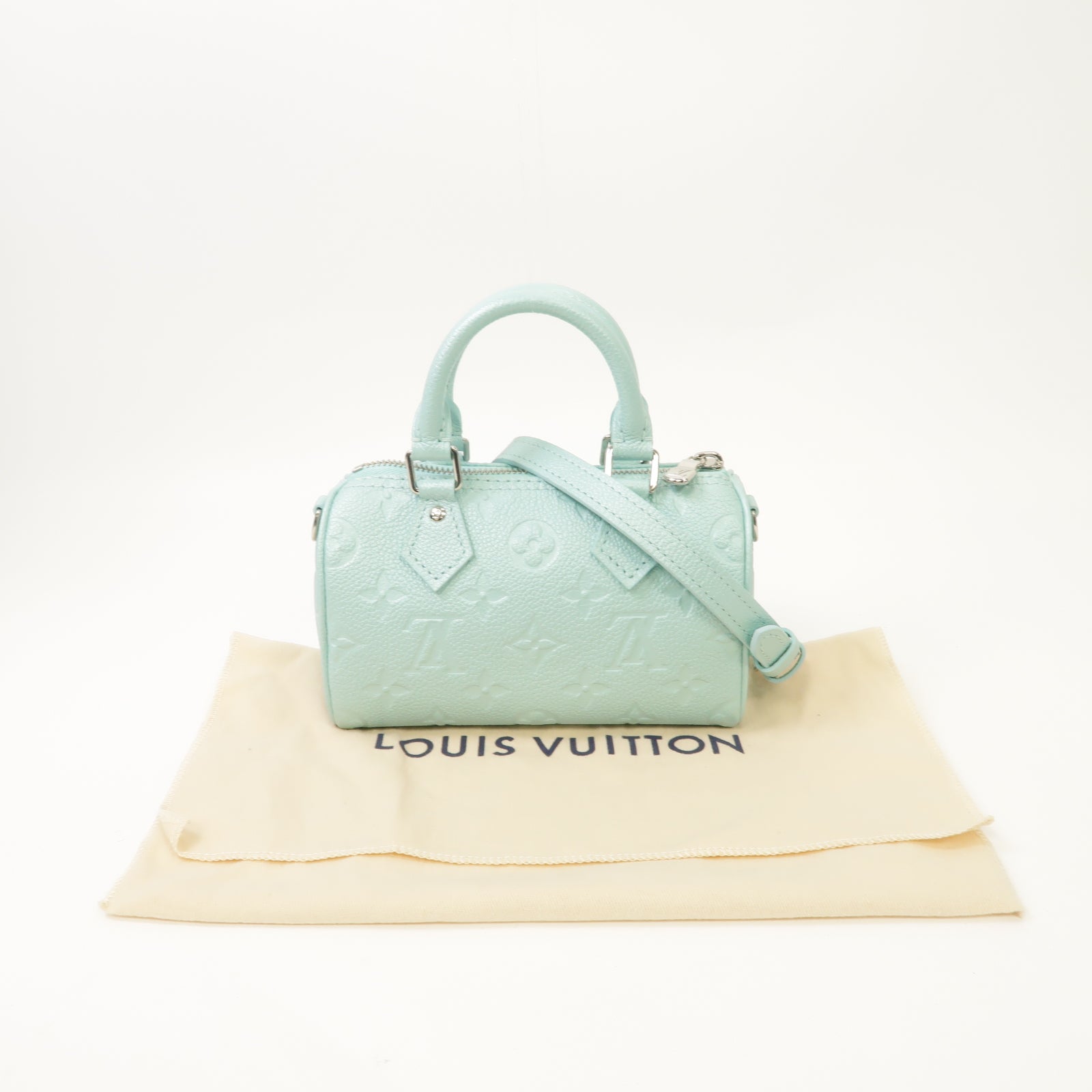 LOUIS VUITTON Monogram Empreinte Nano Speedy銀扣手挽肩背兩用袋淺藍色