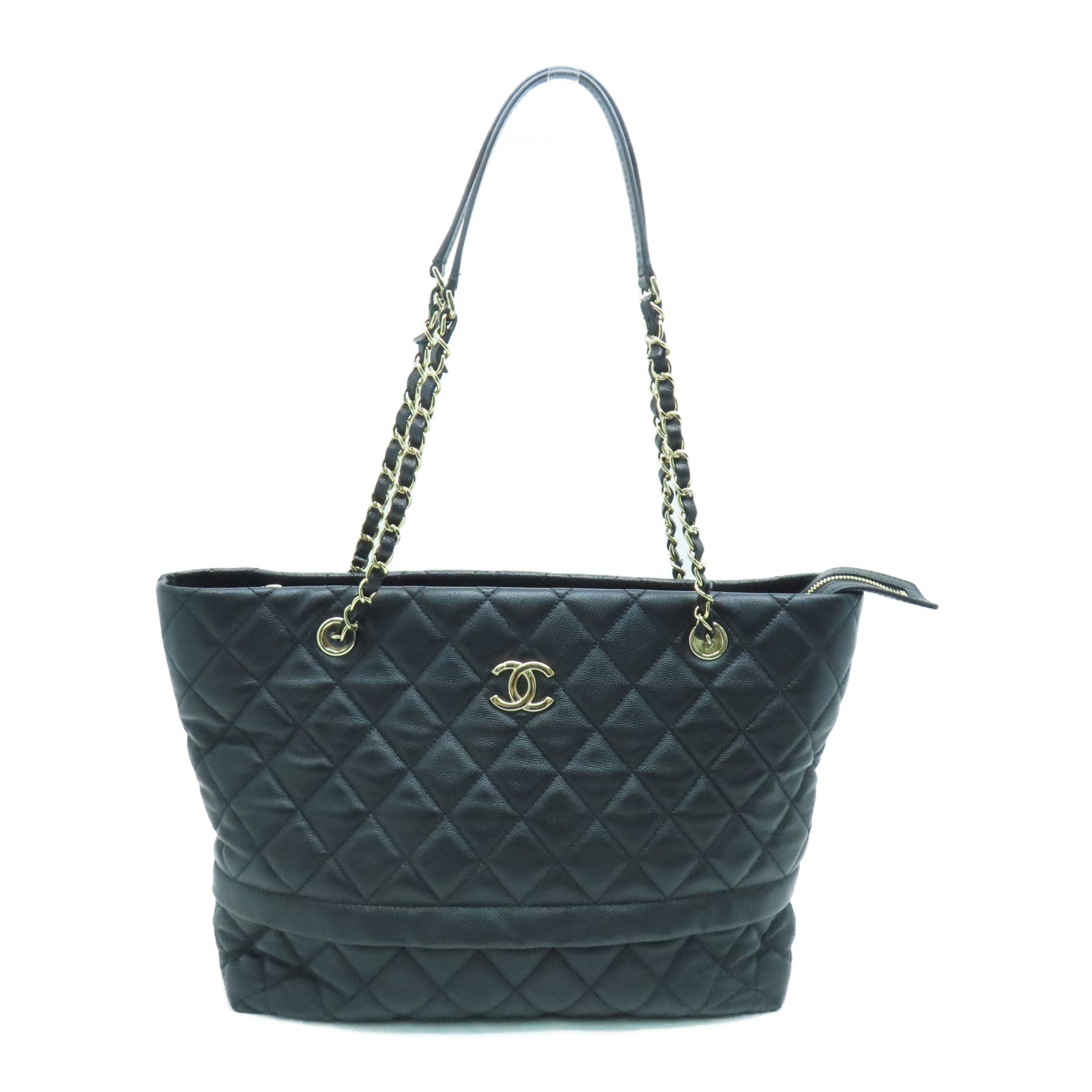 CHANEL 菱格Caviar皮革Chain Shoulder链带肩背袋金扣黑色