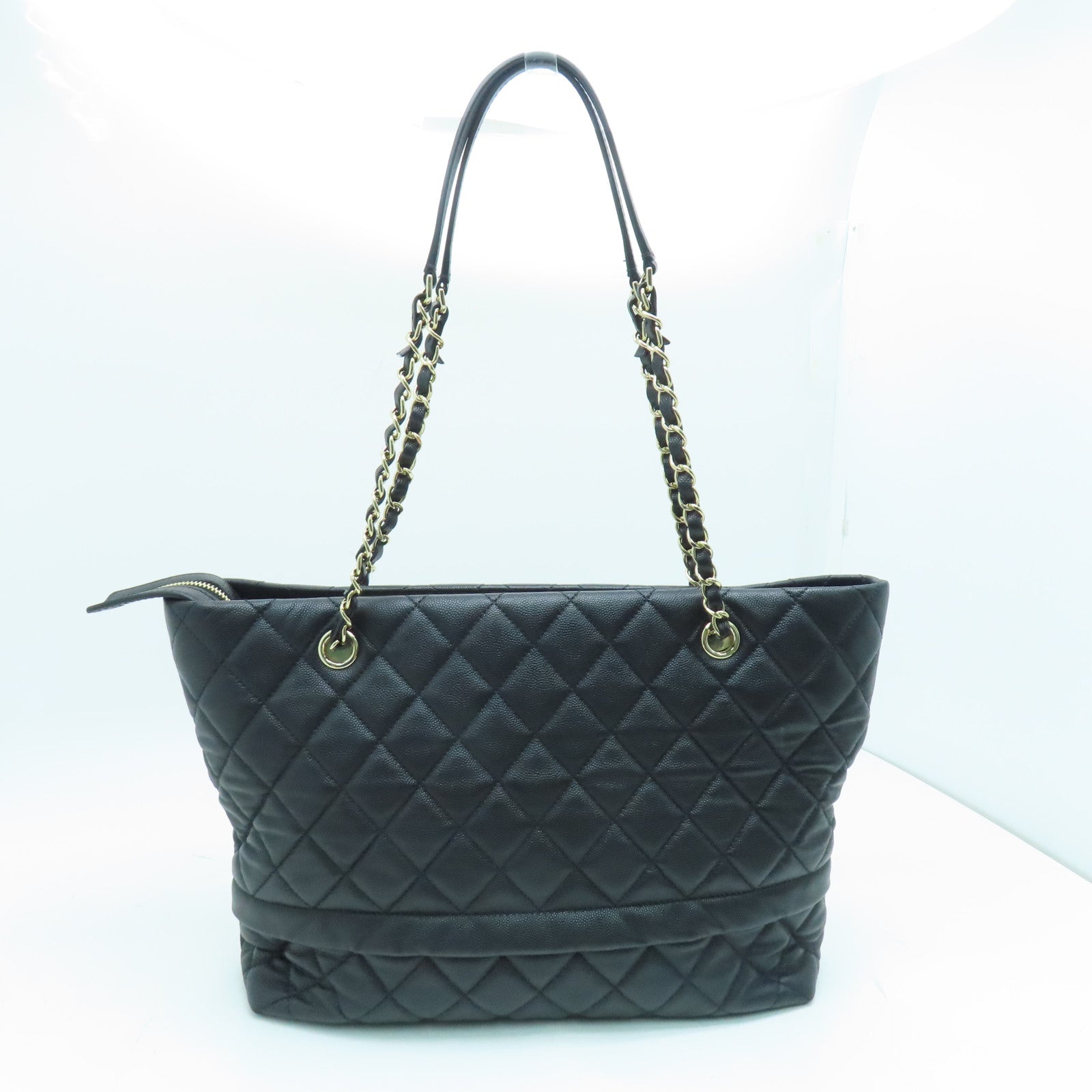 CHANEL 菱格Caviar皮革Chain Shoulder链带肩背袋金扣黑色