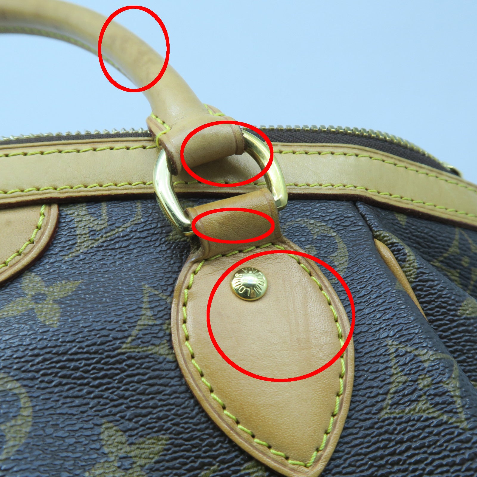 LOUIS VUITTON Monogram Tivoli PM Gold Buckle Handle Bag Brown