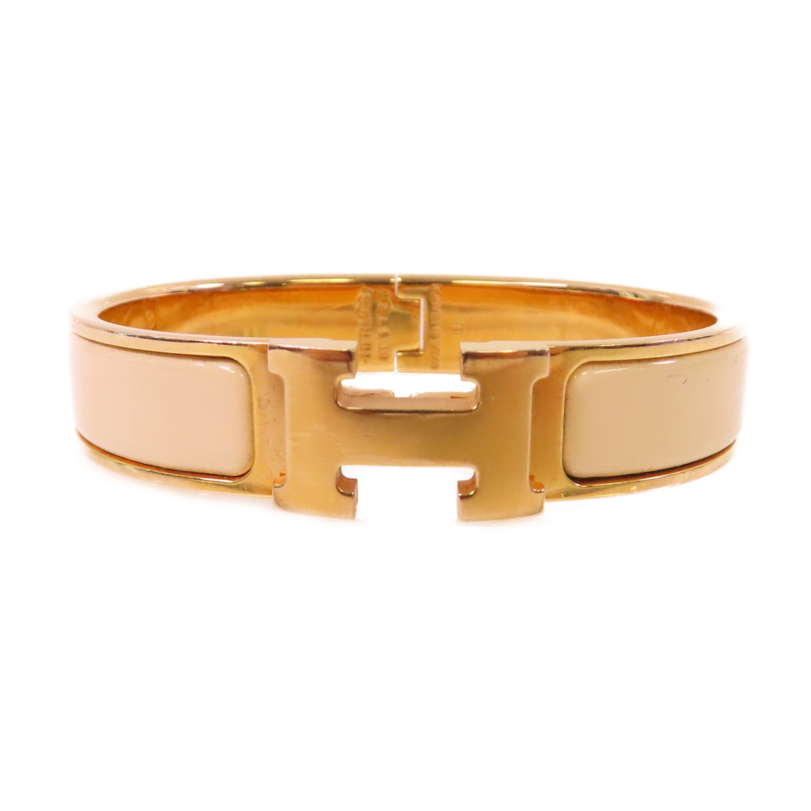 HERMES 金屬/琺瑯Clic H Bracelet金扣手鐲Nata奶茶色/金色