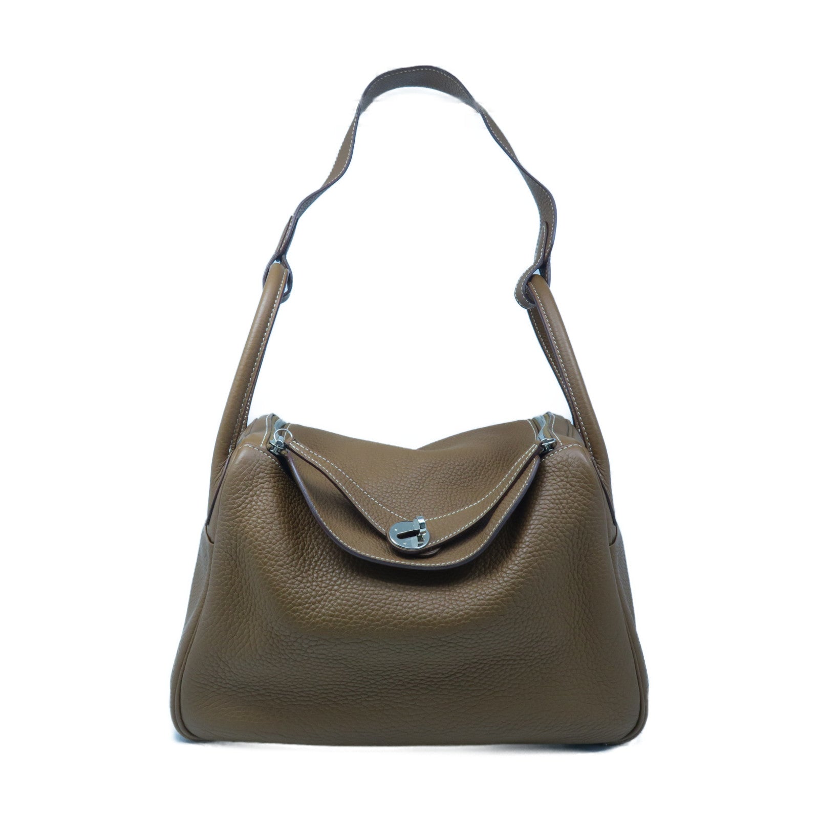 HERMES Clemence Leather Lindy 30 Silver Buckle Handle Shoulder Bag Golden Brown