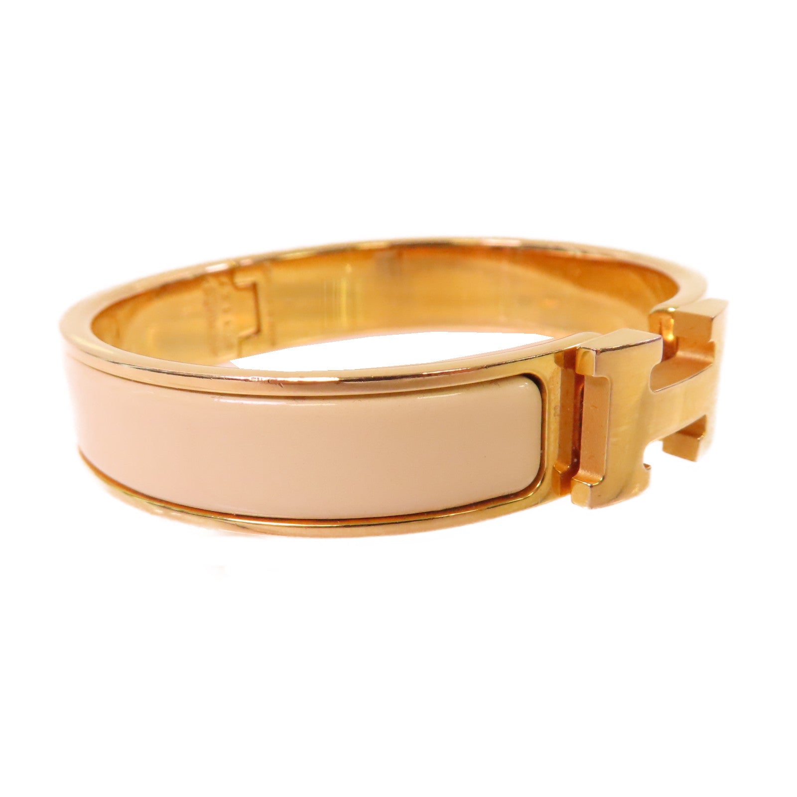 HERMES 金屬/琺瑯Clic H Bracelet金扣手鐲Nata奶茶色/金色