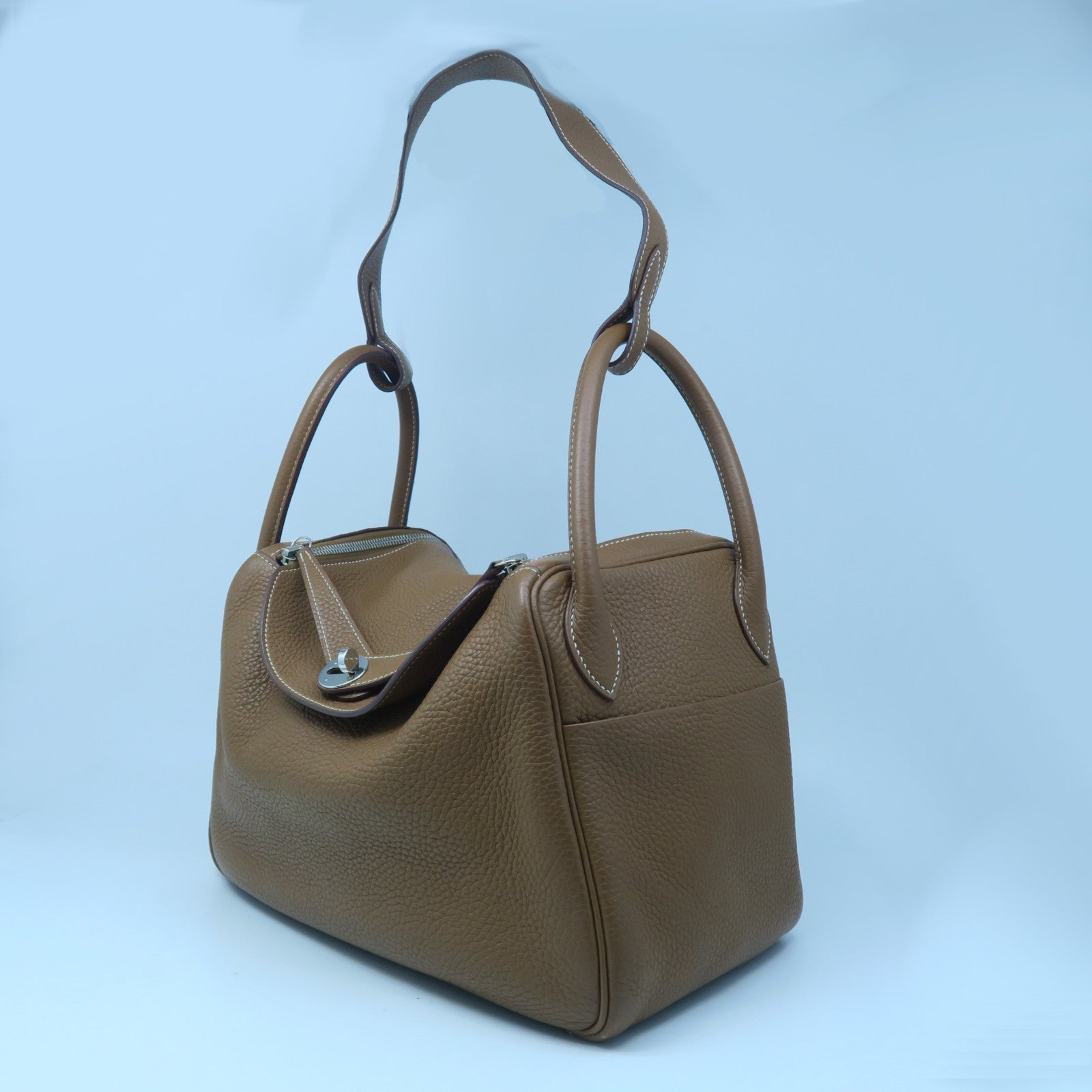 HERMES Clemence Leather Lindy 30 Silver Buckle Handle Shoulder Bag Golden Brown