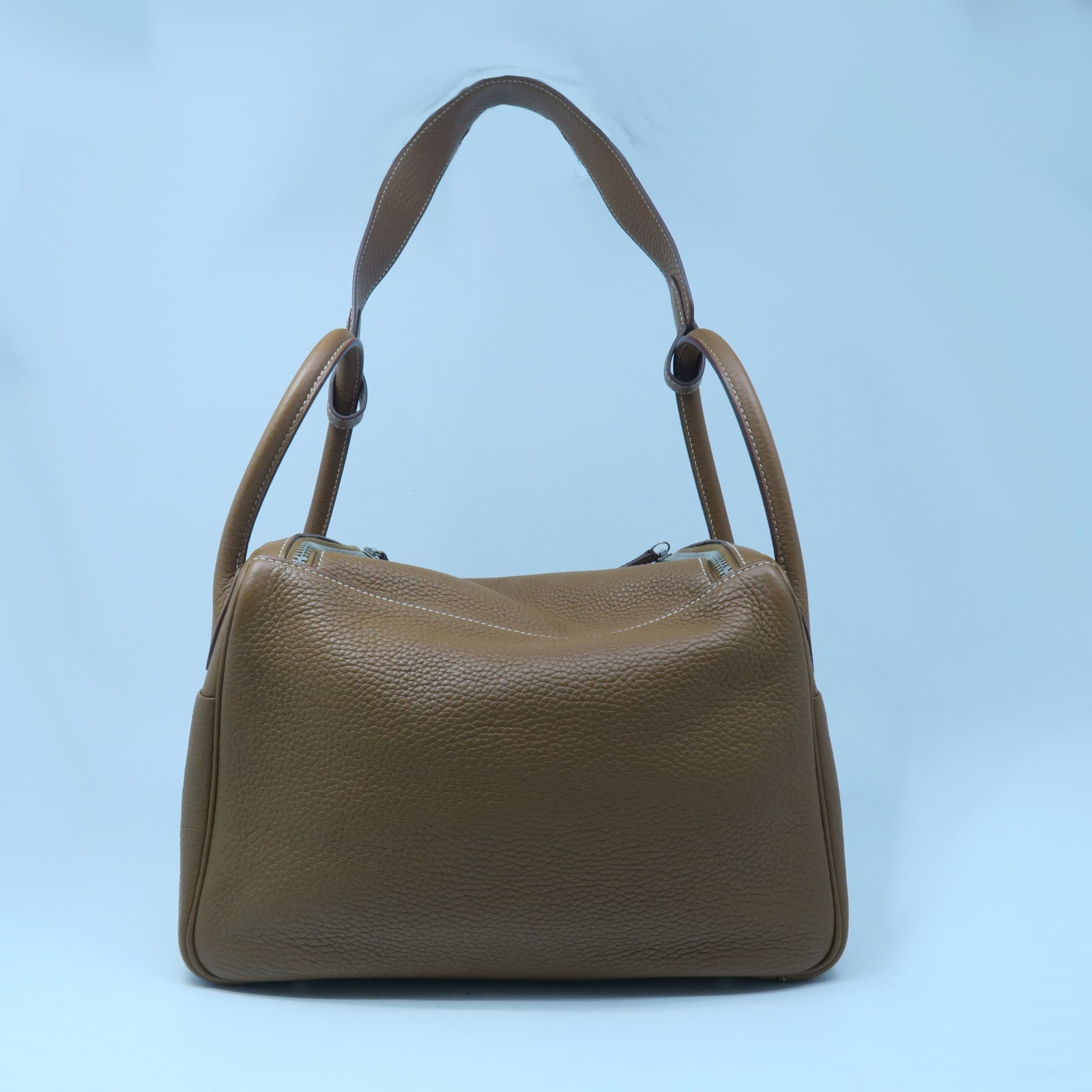 HERMES Clemence Leather Lindy 30 Silver Buckle Handle Shoulder Bag Golden Brown