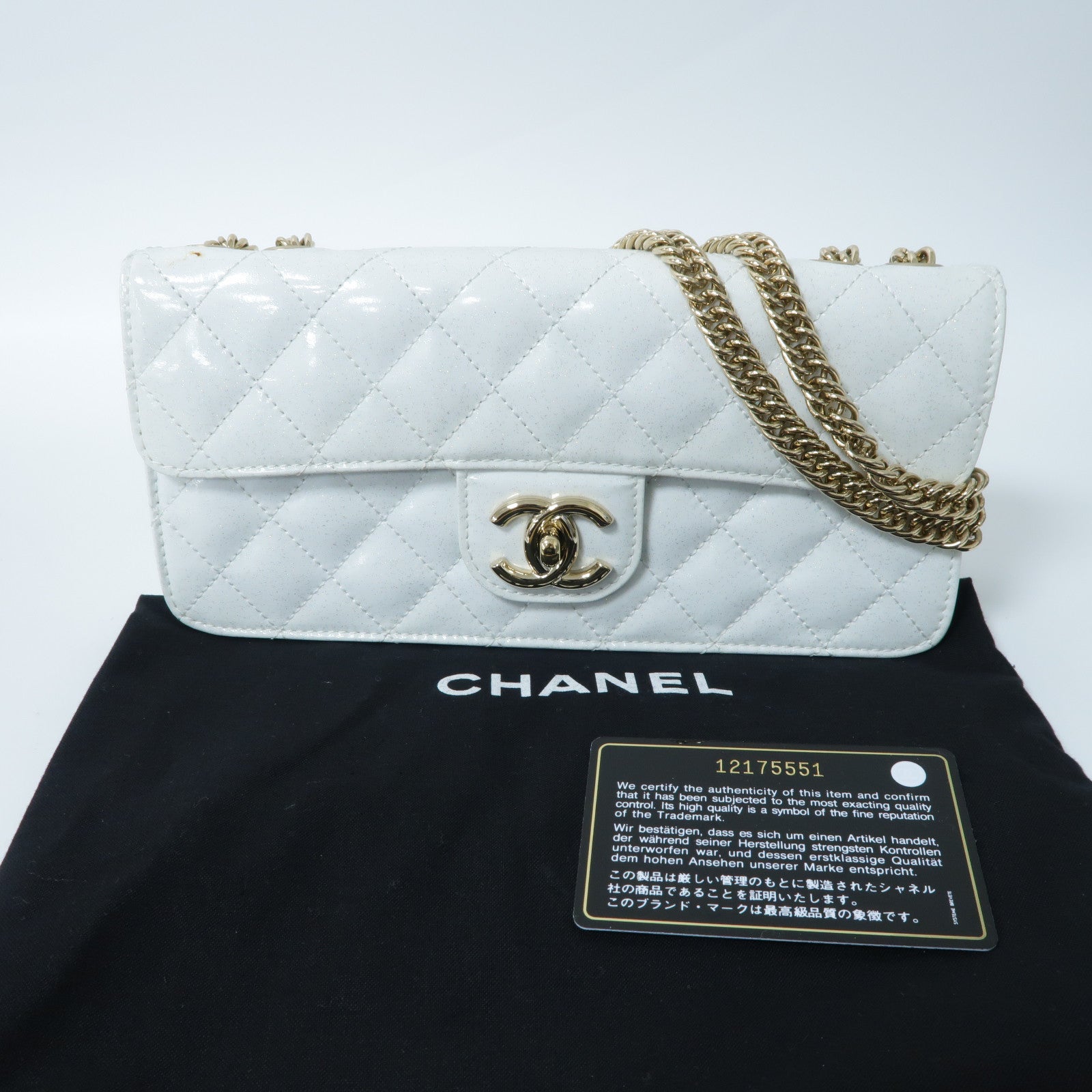 CHANEL 菱格牛皮皮革Chain Shoulder Bag金扣鏈帶肩背袋白色