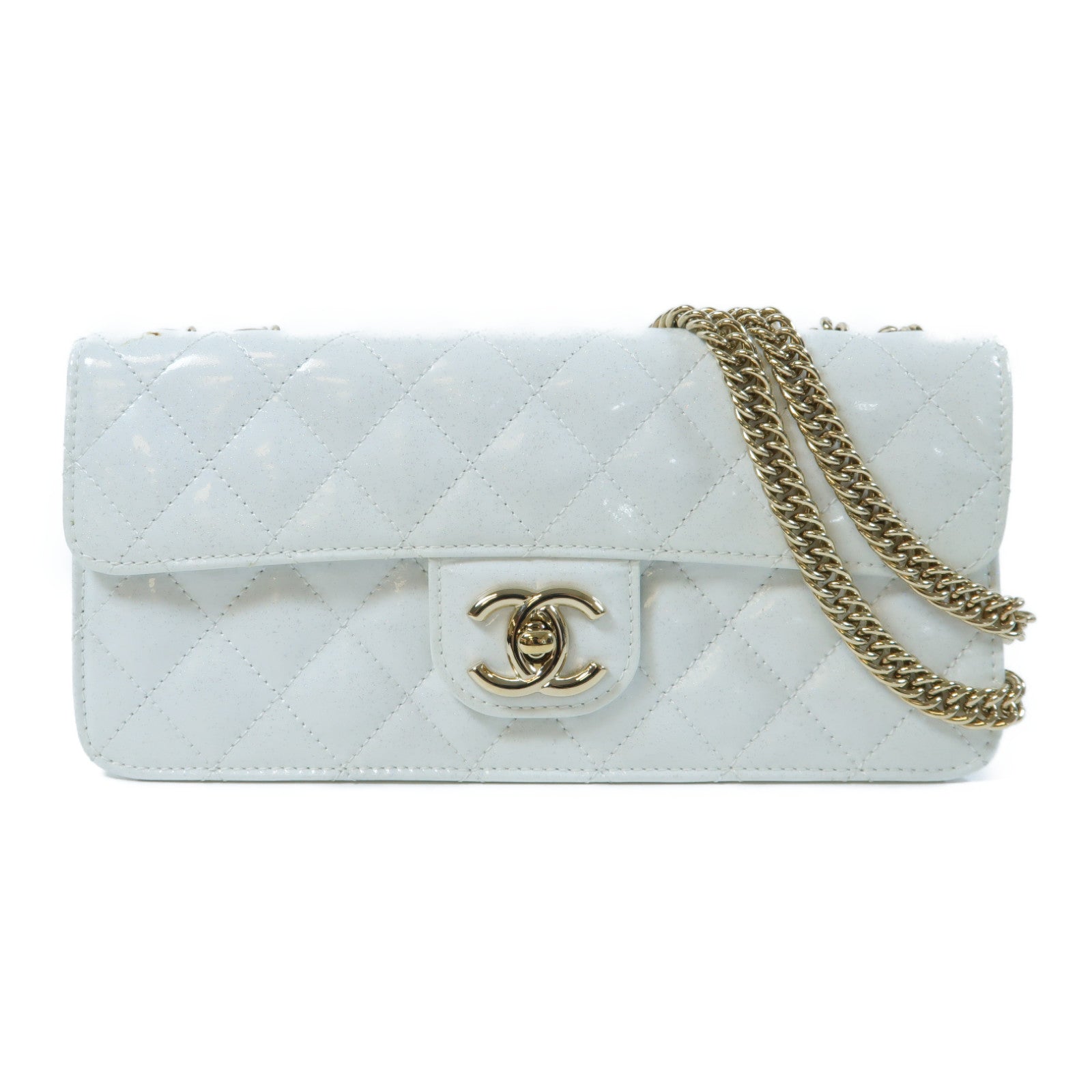 CHANEL 菱格牛皮皮革Chain Shoulder Bag金扣鏈帶肩背袋白色