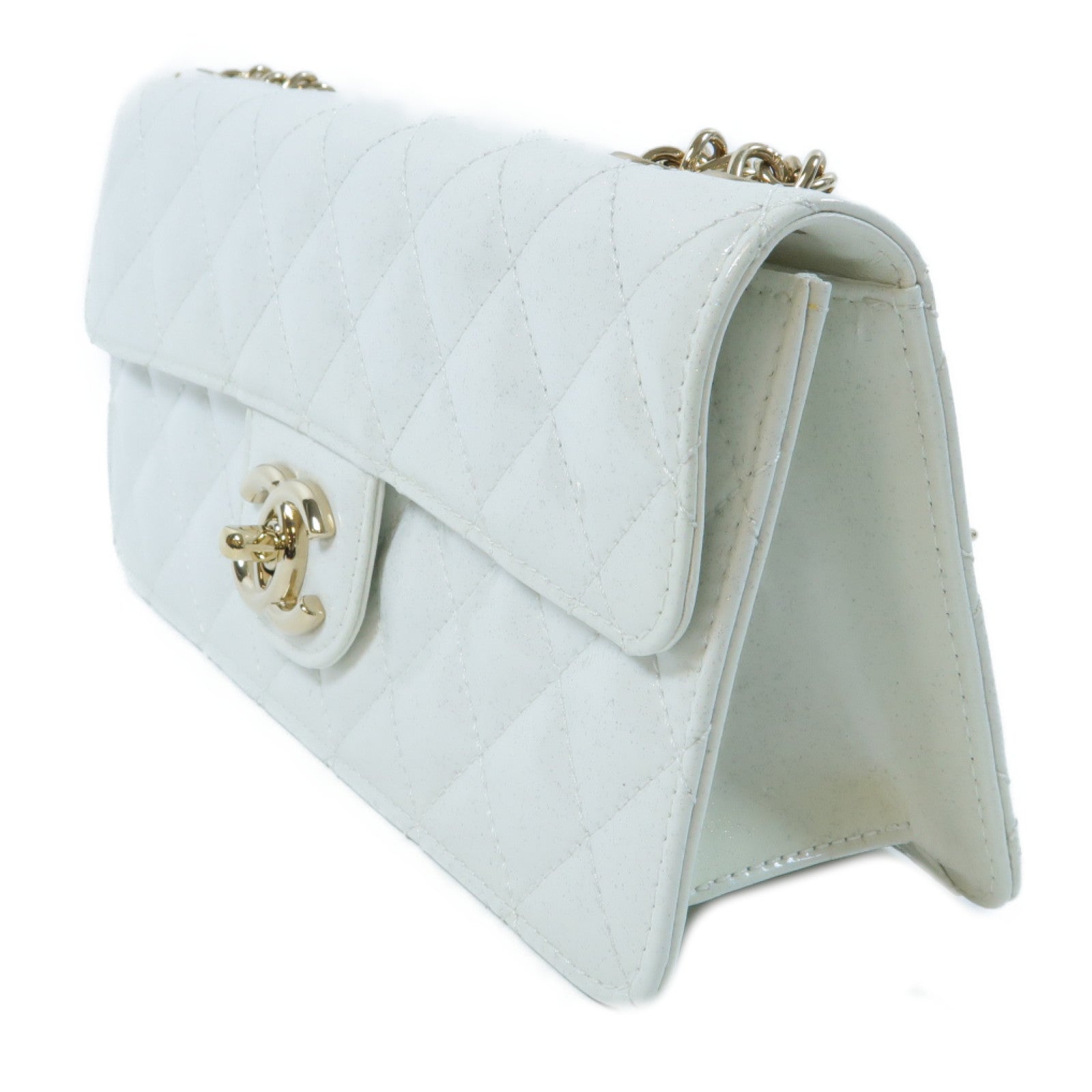 CHANEL 菱格牛皮皮革Chain Shoulder Bag金扣鏈帶肩背袋白色