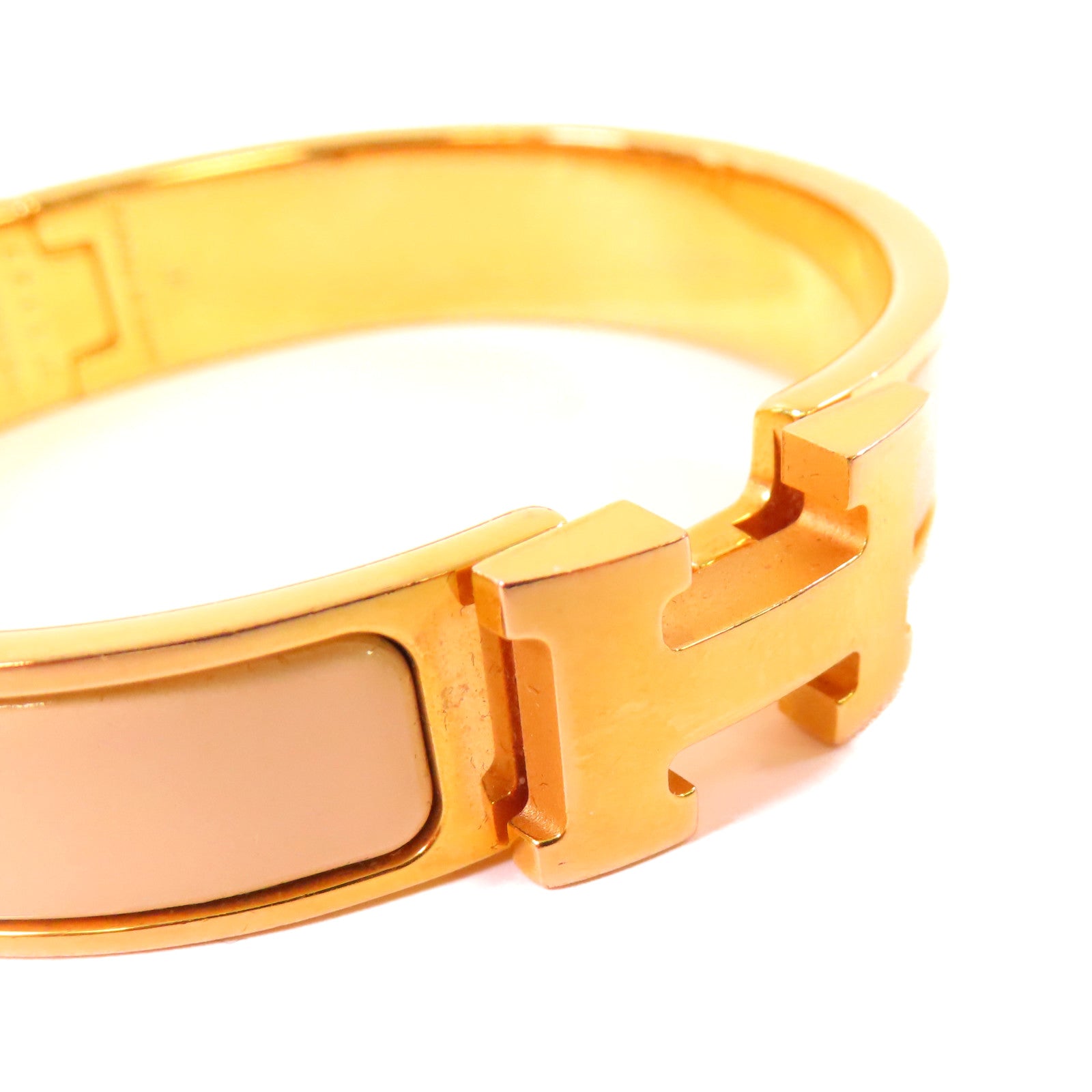 HERMES 金屬/琺瑯Clic H Bracelet金扣手鐲Nata奶茶色/金色