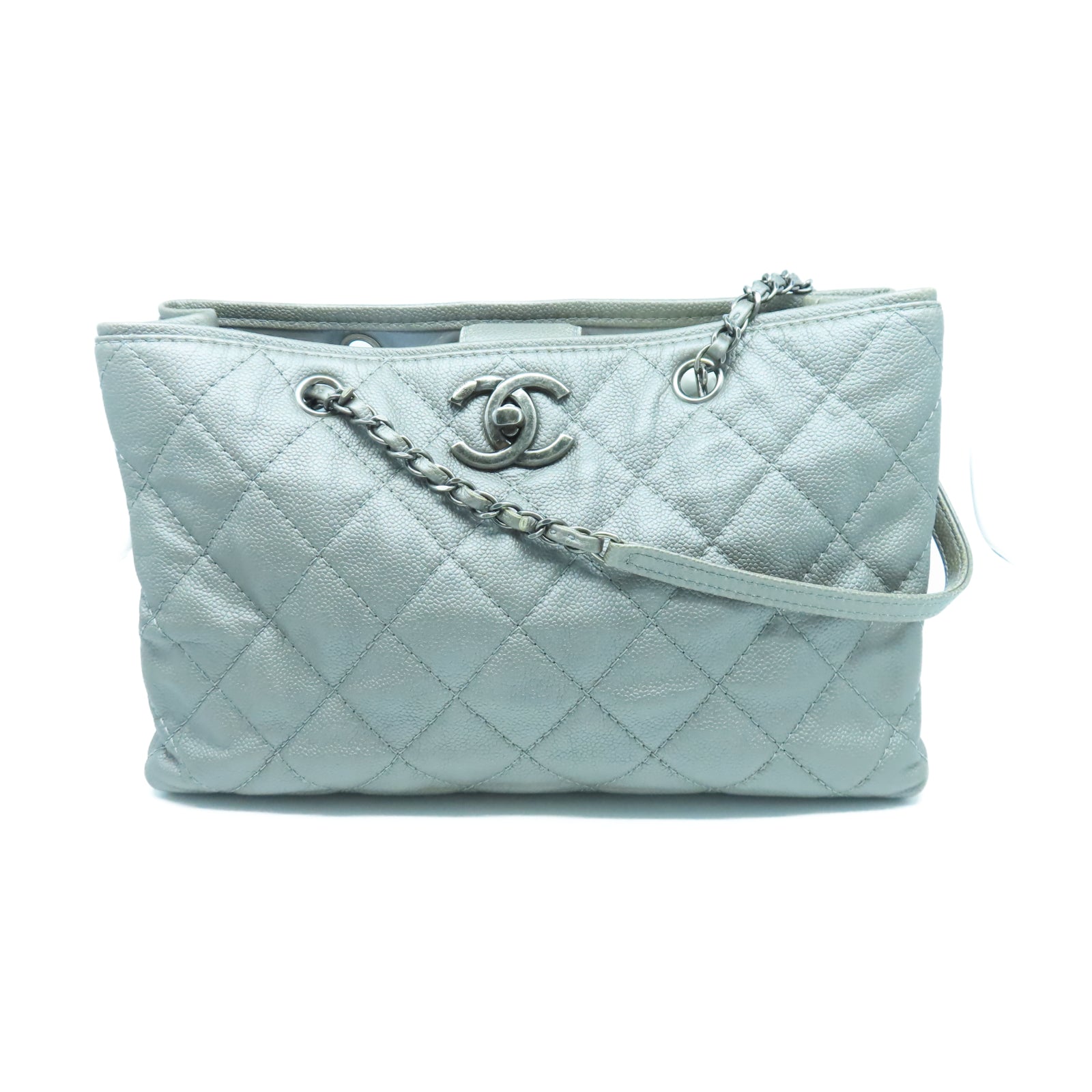 CHANEL 菱格Caviar皮革Tote Bag銀扣鏈帶手挽袋灰色