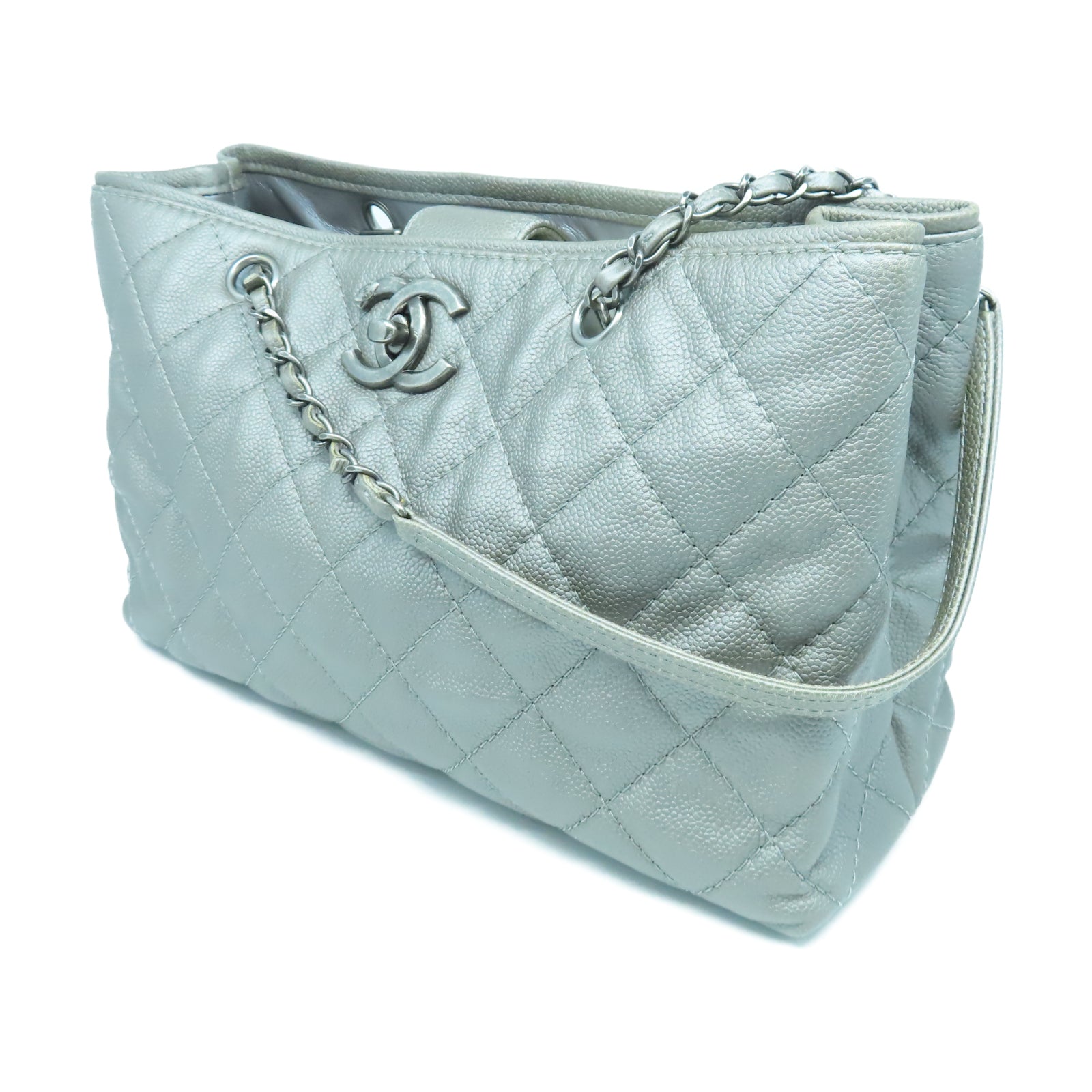 CHANEL 菱格Caviar皮革Tote Bag銀扣鏈帶手挽袋灰色
