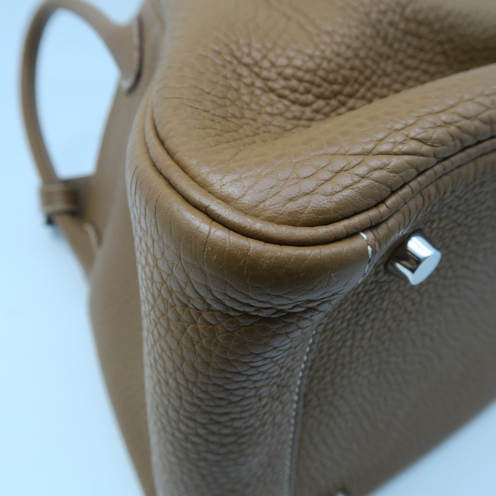 HERMES Clemence Leather Lindy 30 Silver Buckle Handle Shoulder Bag Golden Brown