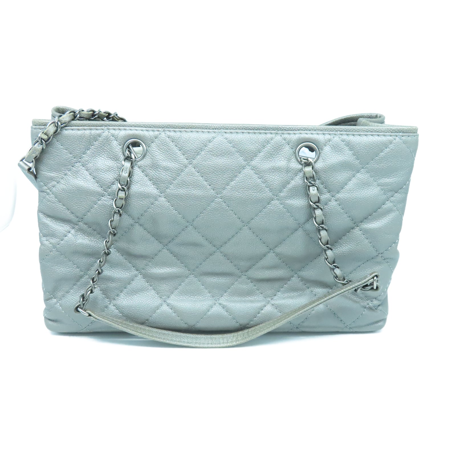CHANEL 菱格Caviar皮革Tote Bag銀扣鏈帶手挽袋灰色