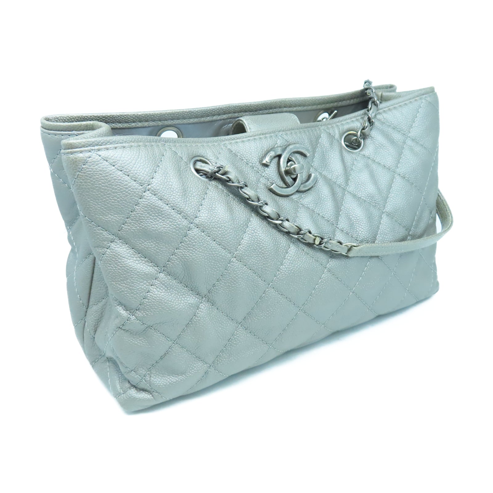 CHANEL 菱格Caviar皮革Tote Bag銀扣鏈帶手挽袋灰色