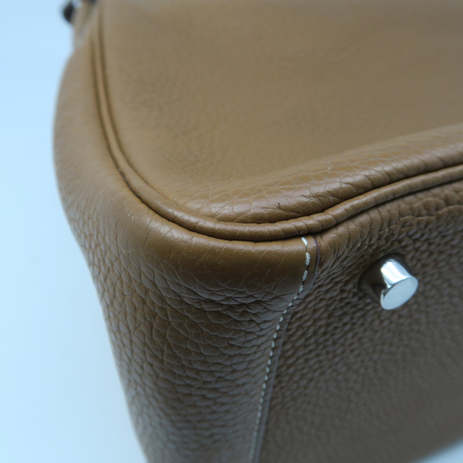 HERMES Clemence Leather Lindy 30 Silver Buckle Handle Shoulder Bag Golden Brown