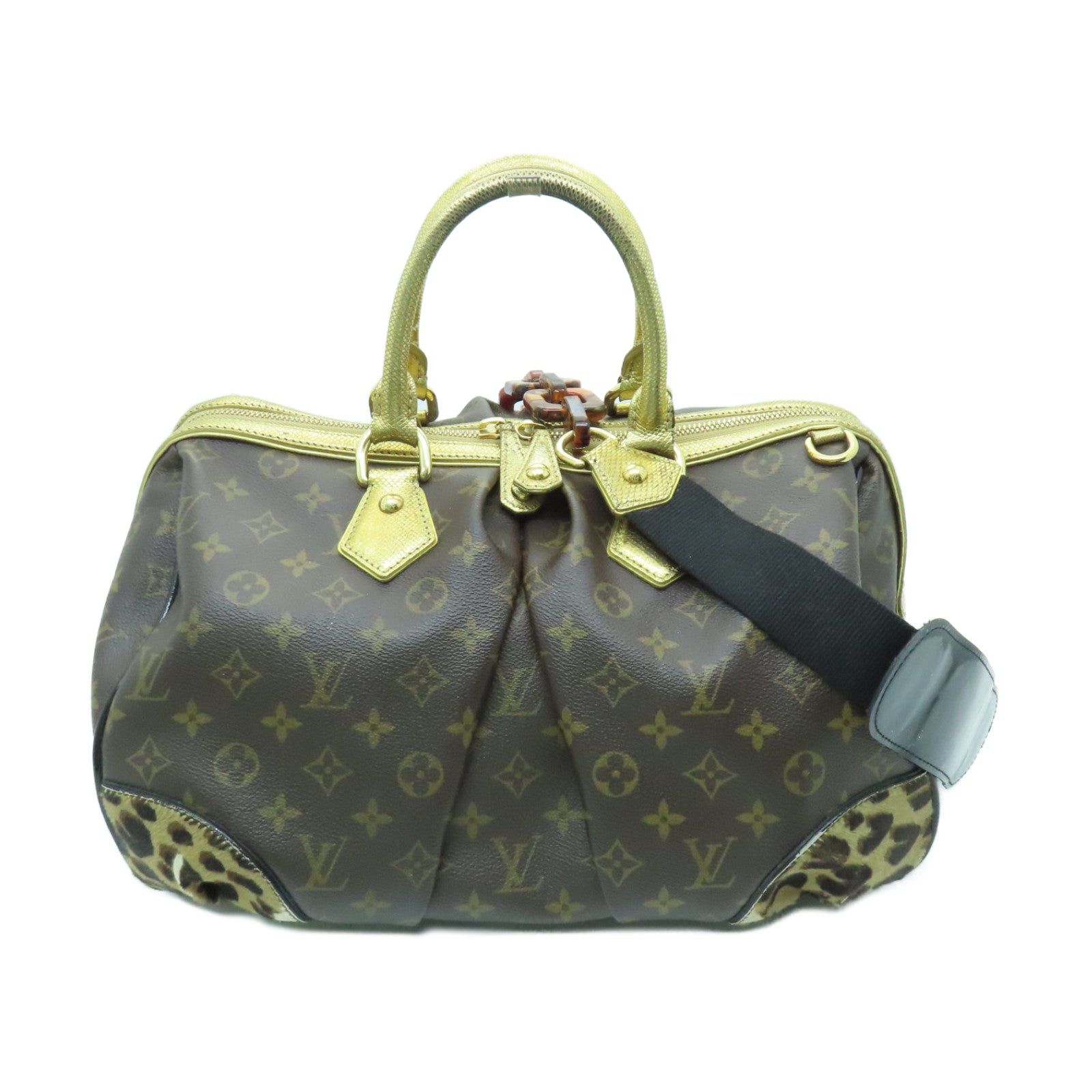 LOUIS VUITTON Monogram/蛇皮皮革Leopard Stephen金扣手挽肩背兩用袋啡色