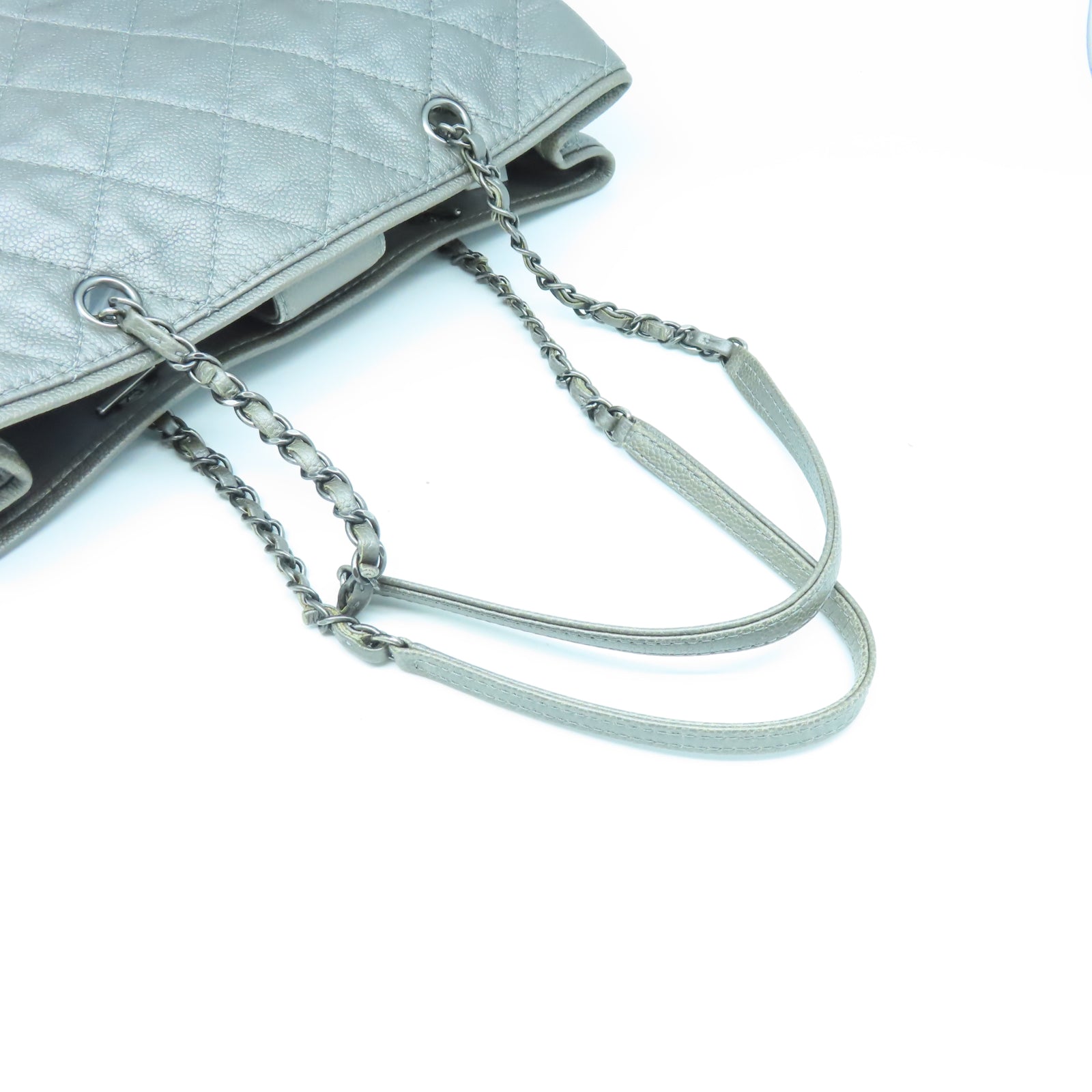 CHANEL 菱格Caviar皮革Tote Bag銀扣鏈帶手挽袋灰色