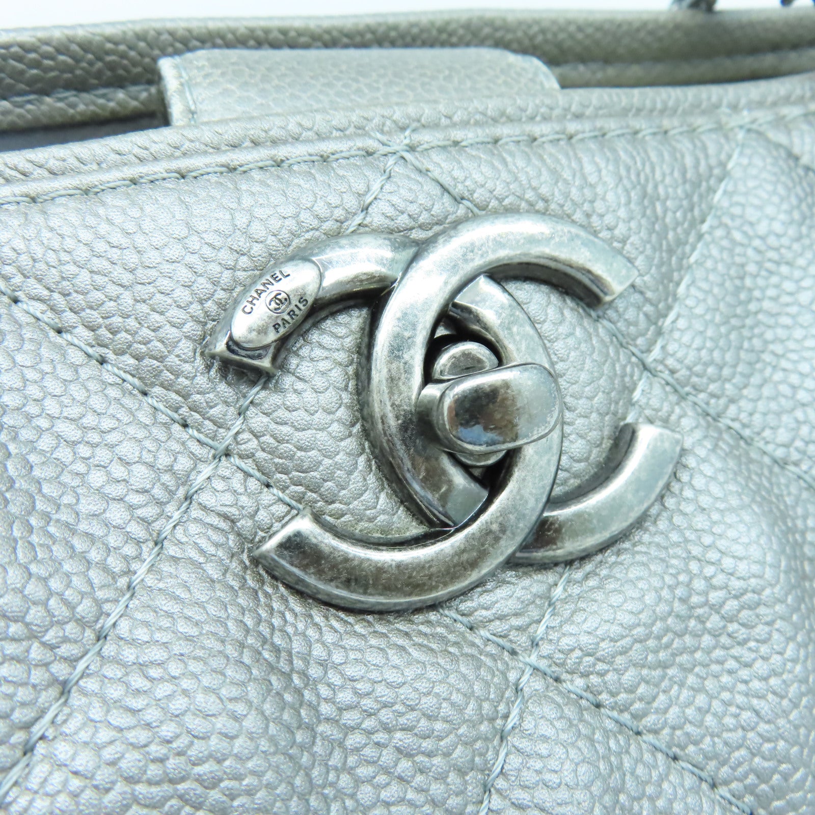CHANEL 菱格Caviar皮革Tote Bag銀扣鏈帶手挽袋灰色