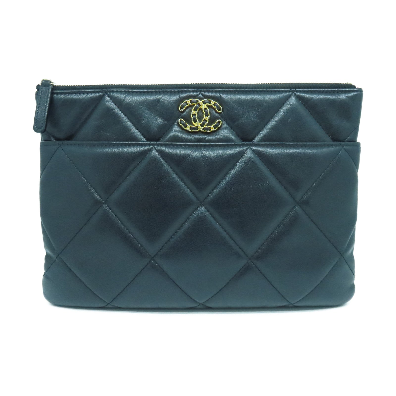 CHANEL Diamond Sheepskin Leather Pouch Gold Buckle Clutch Black