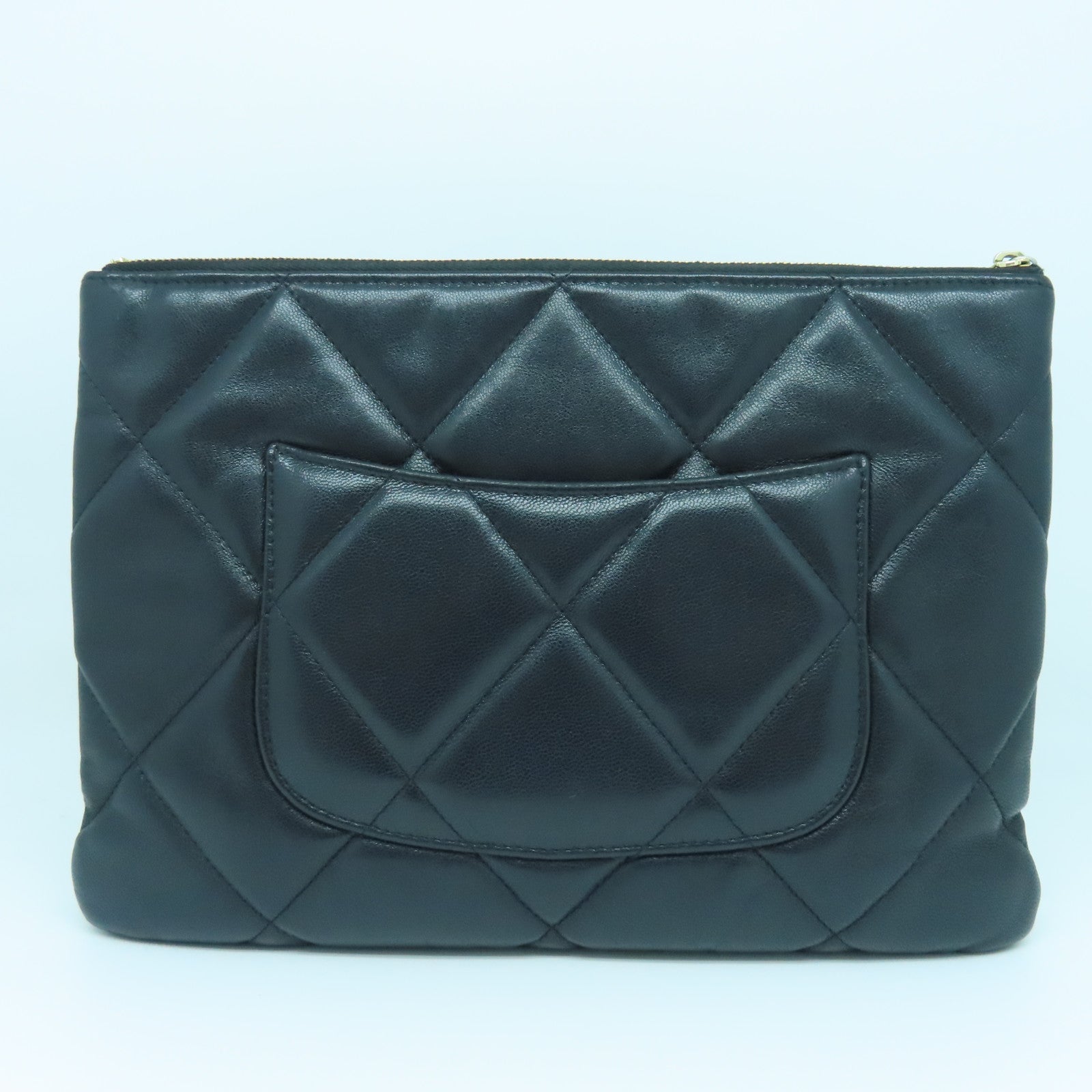 CHANEL Diamond Sheepskin Leather Pouch Gold Buckle Clutch Black