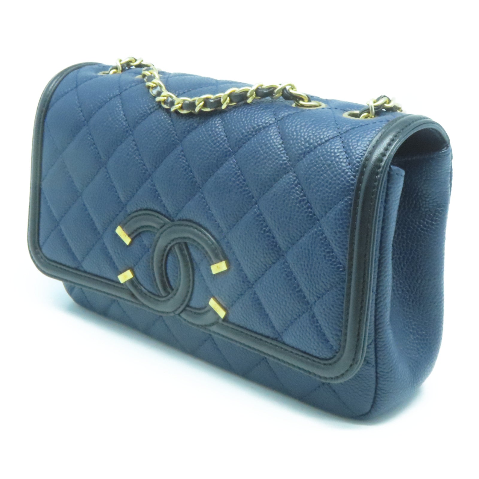 CHANEL 菱格Caviar皮革CC Filigree Flap Bag金扣鏈帶肩背袋深藍色/黑色