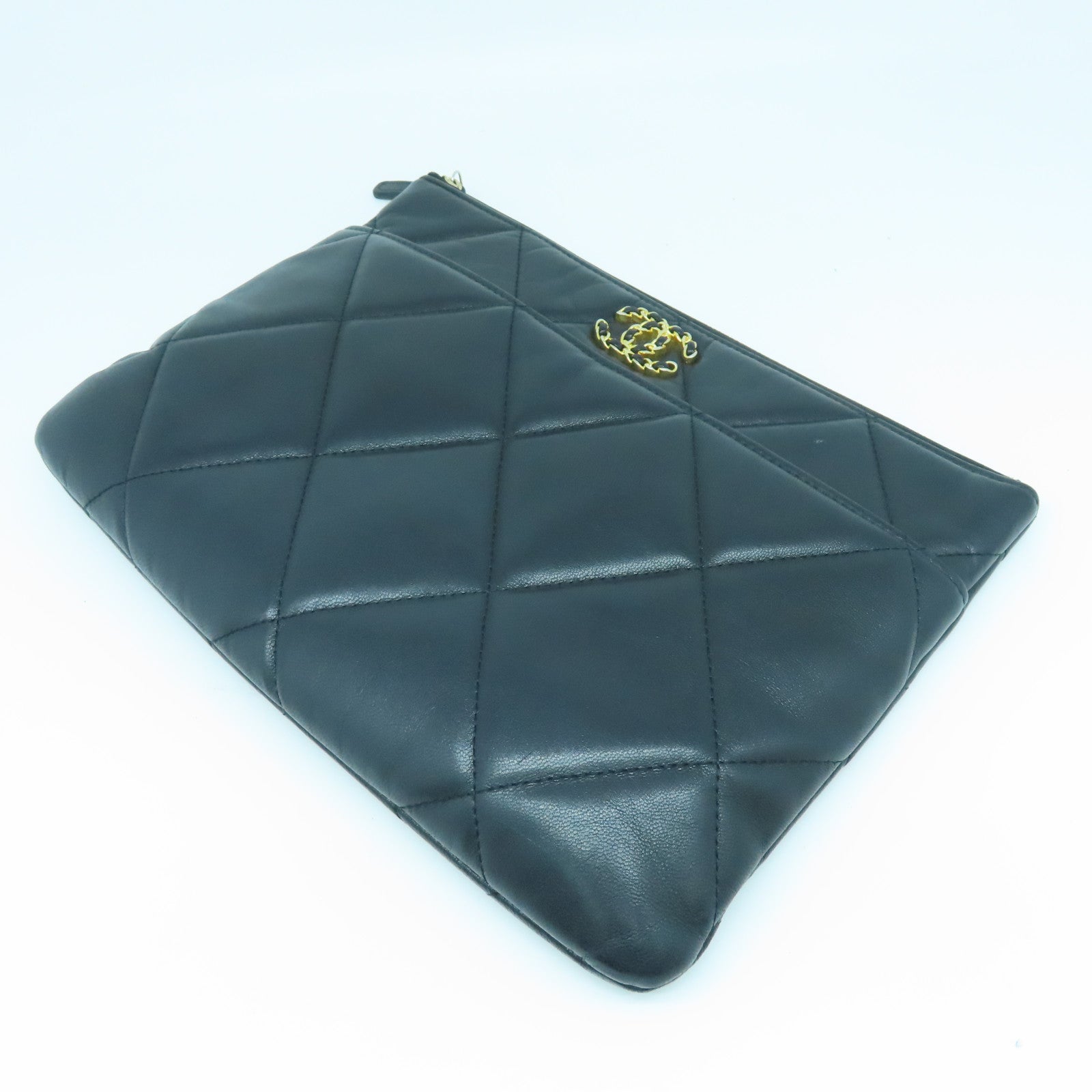 CHANEL Diamond Sheepskin Leather Pouch Gold Buckle Clutch Black