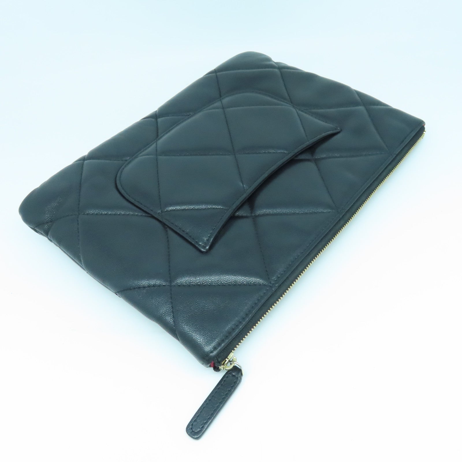 CHANEL Diamond Sheepskin Leather Pouch Gold Buckle Clutch Black