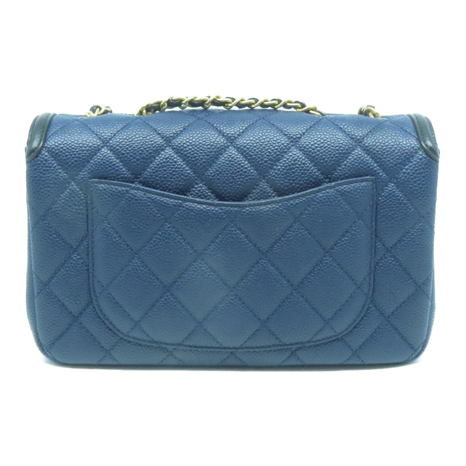 CHANEL 菱格Caviar皮革CC Filigree Flap Bag金扣鏈帶肩背袋深藍色/黑色