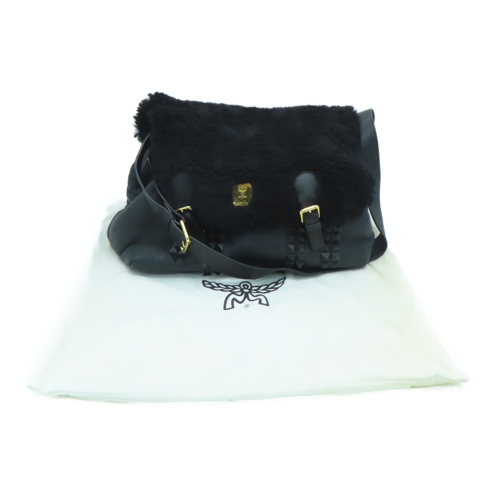 MCM cowhide leather Shoulder Bag gold buckle shoulder bag black