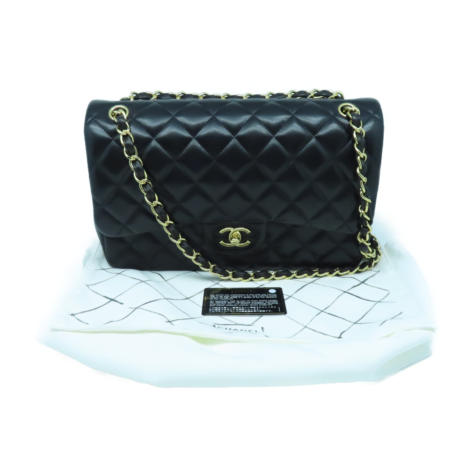 CHANEL 菱格羊皮皮革Jumbo金扣鏈帶肩背袋黑色