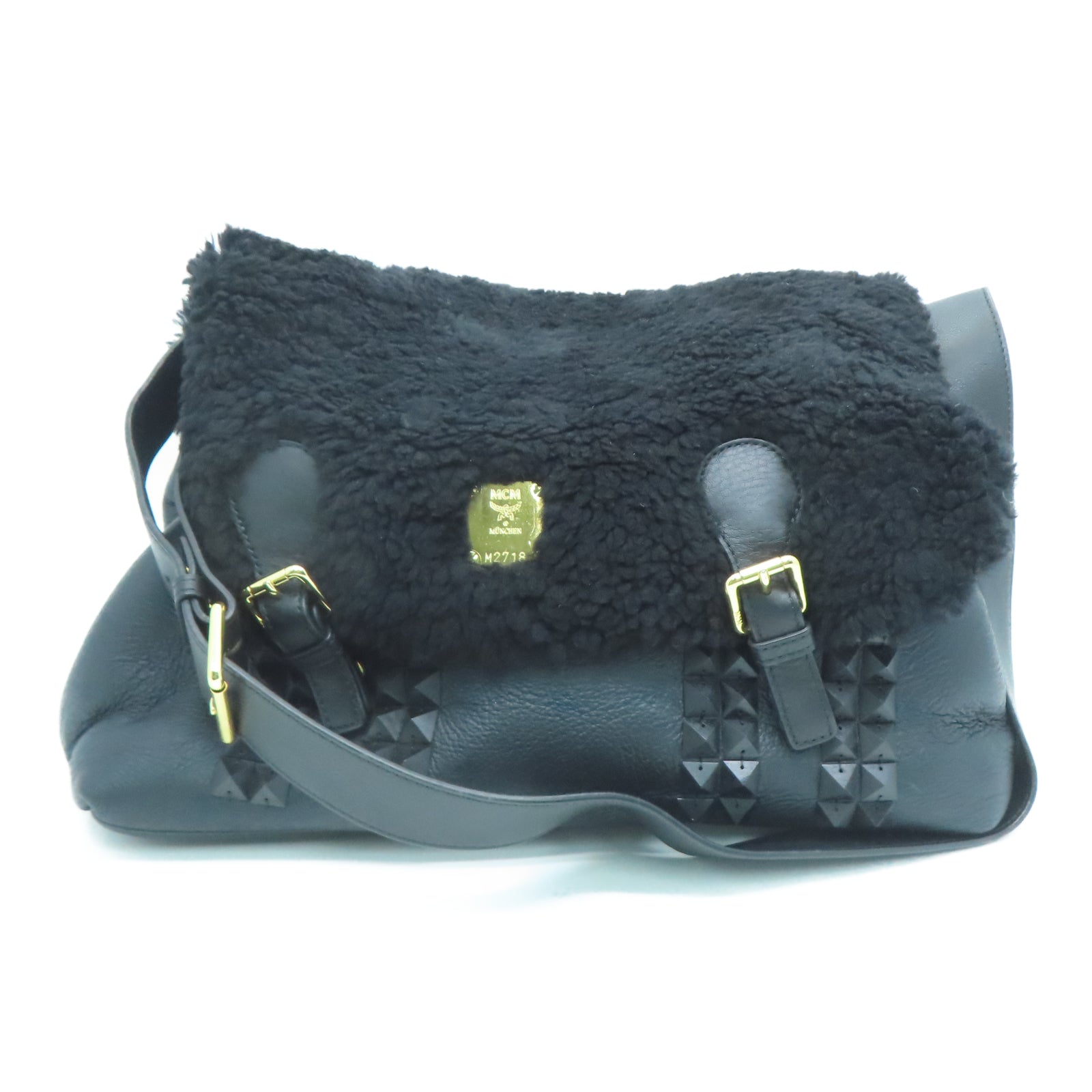 MCM cowhide leather Shoulder Bag gold buckle shoulder bag black