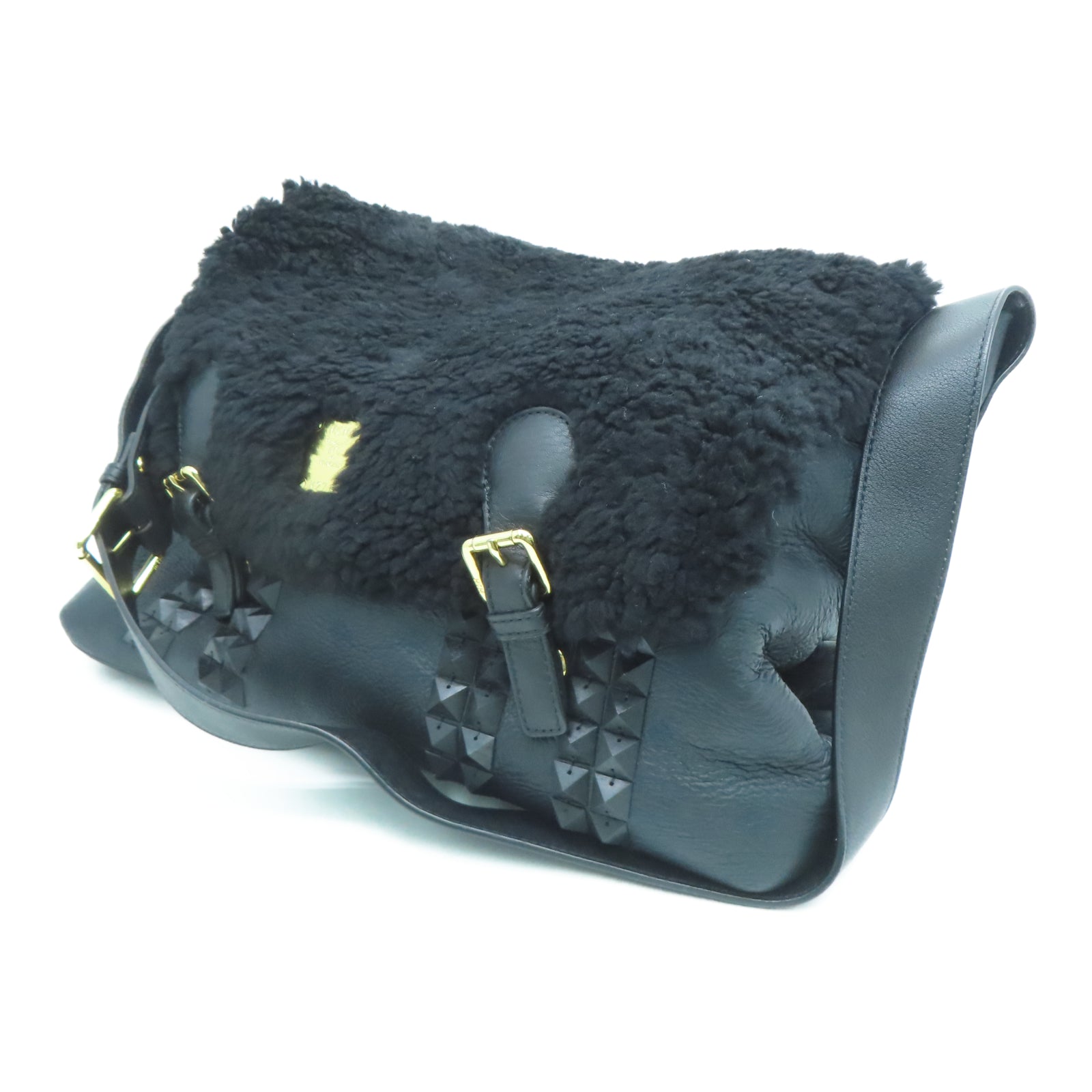 MCM cowhide leather Shoulder Bag gold buckle shoulder bag black