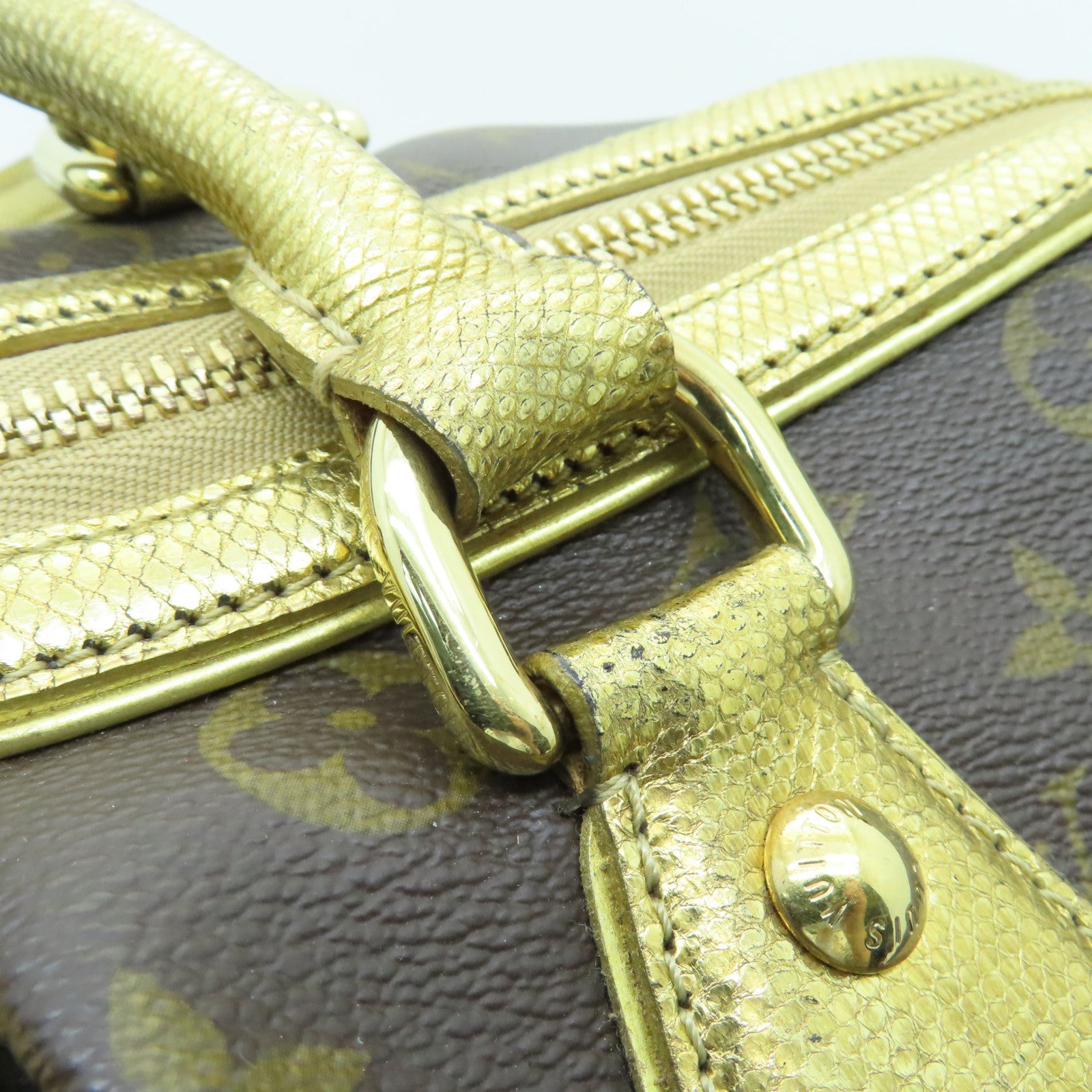 LOUIS VUITTON Monogram/蛇皮皮革Leopard Stephen金扣手挽肩背兩用袋啡色